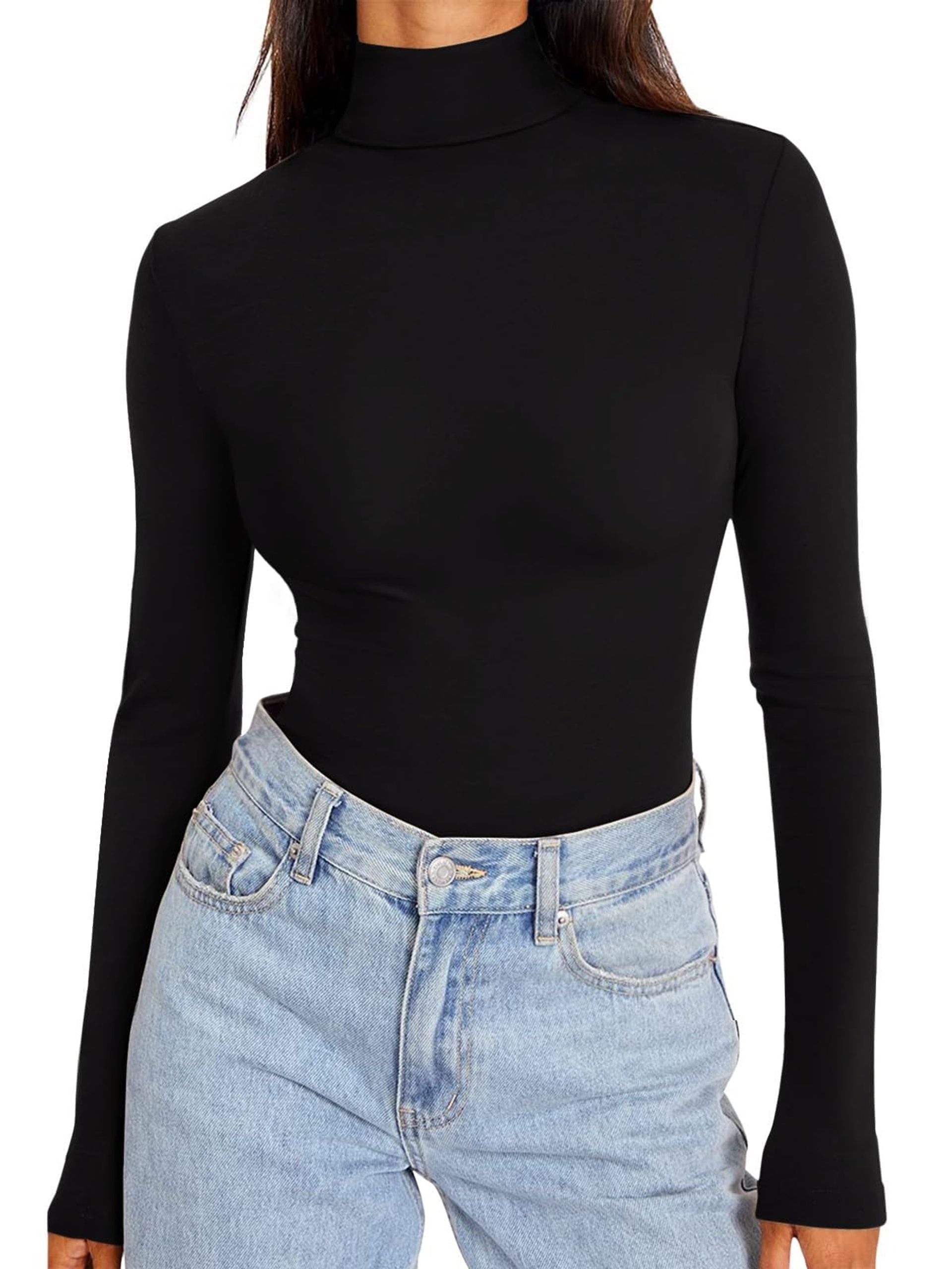 Women's Turtleneck Long Sleeve Top Double Lined Stretchy Thermal Layering Shirt - Black Large