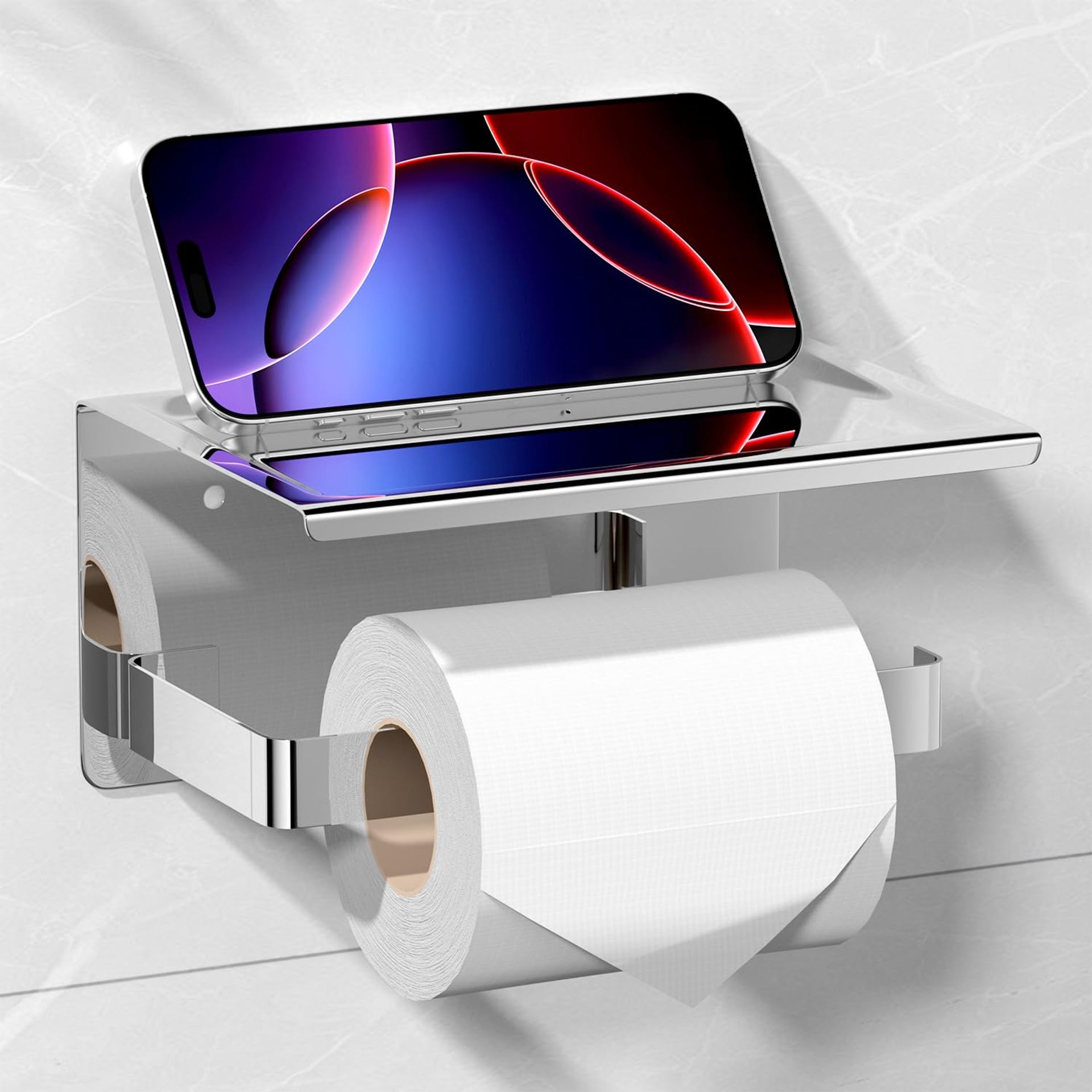 HITSLAM Chrome Toilet Roll Holder with Shelf - Self Adhesive or Screw Mount, Rustproof Stainless Steel