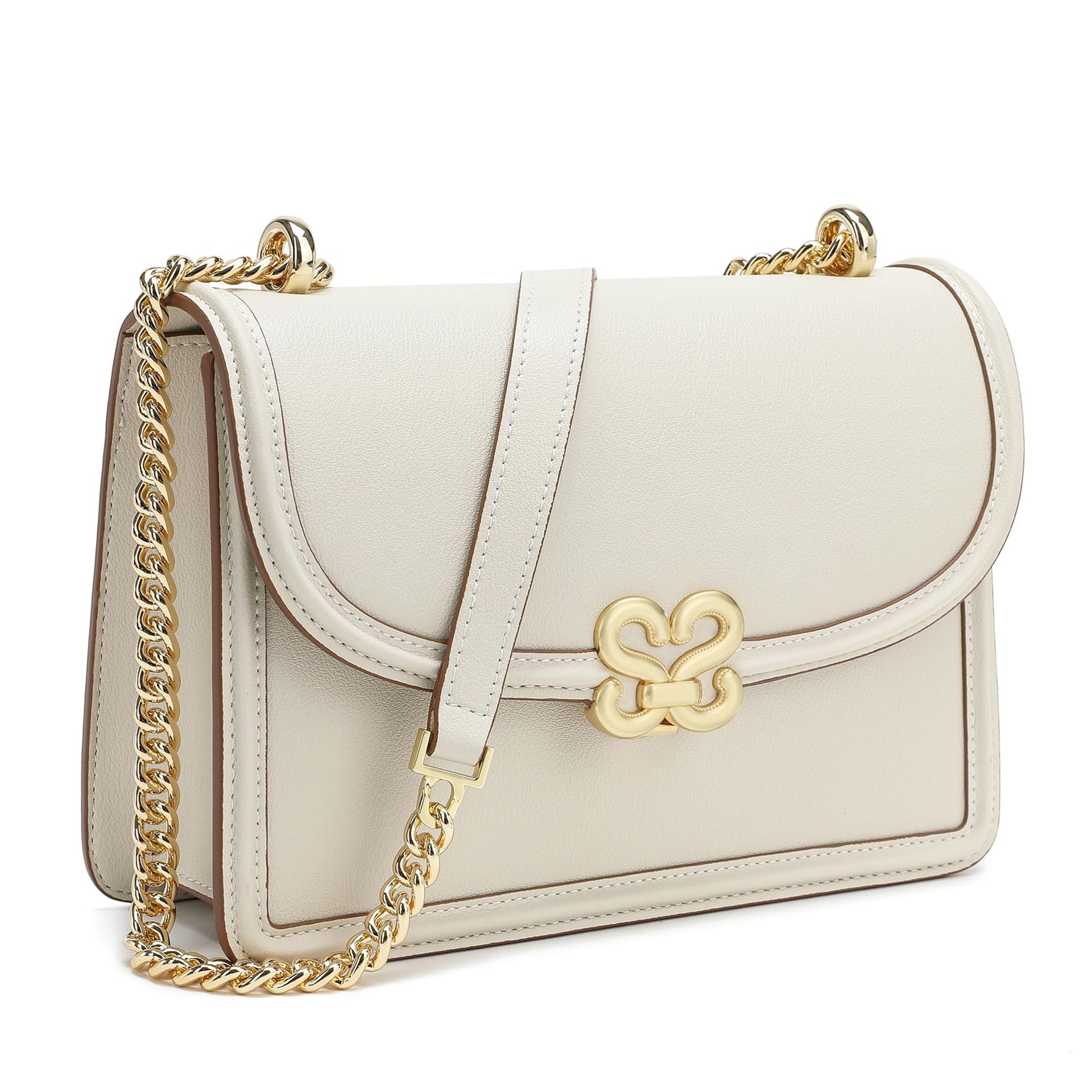 Women's Crossbody Shoulder Bag Soft Leather Adjustable Strap Metal Chain - Black-Beige M