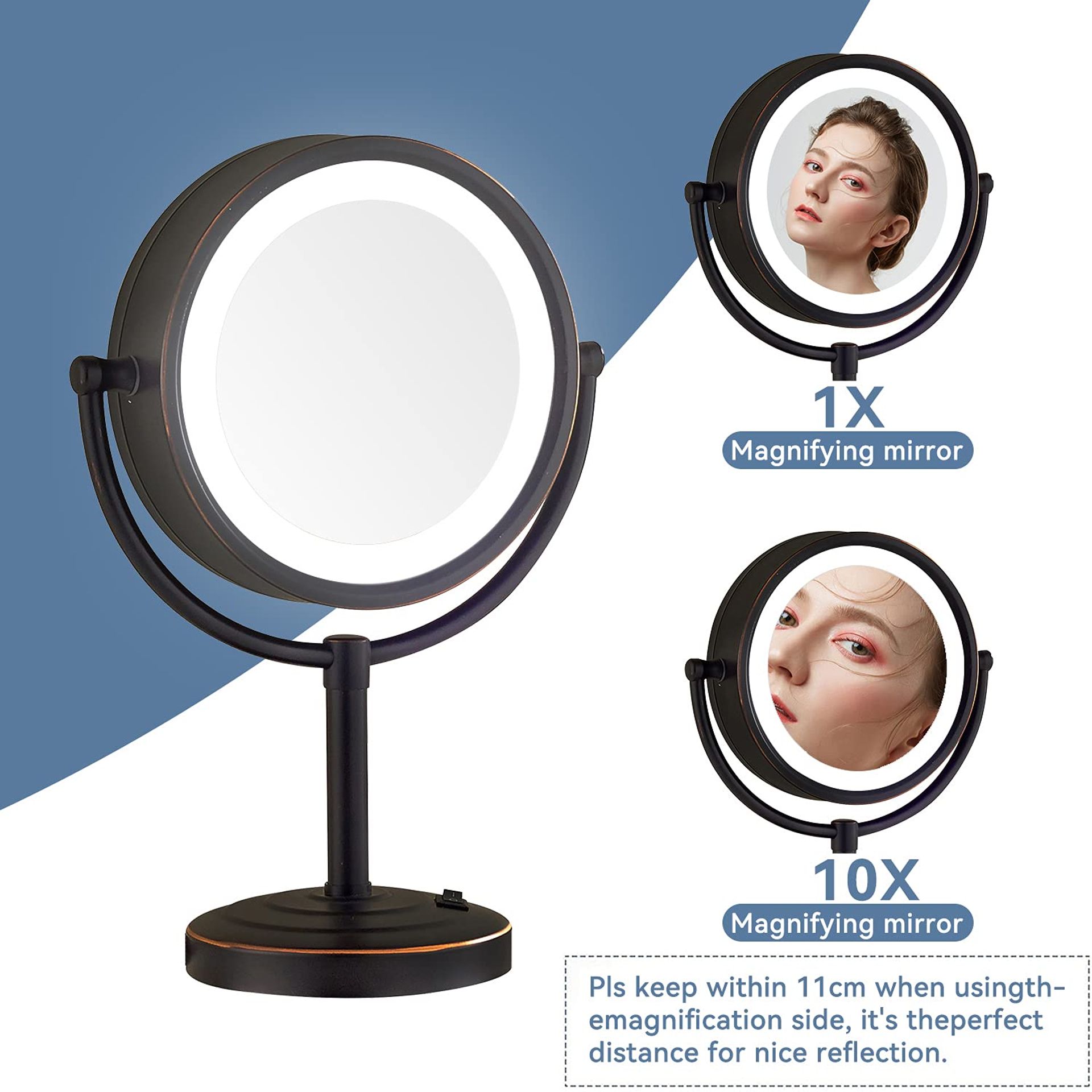 Illuminated Table Mirror 1x/10x Magnification 360° Rotatable Double-Sided