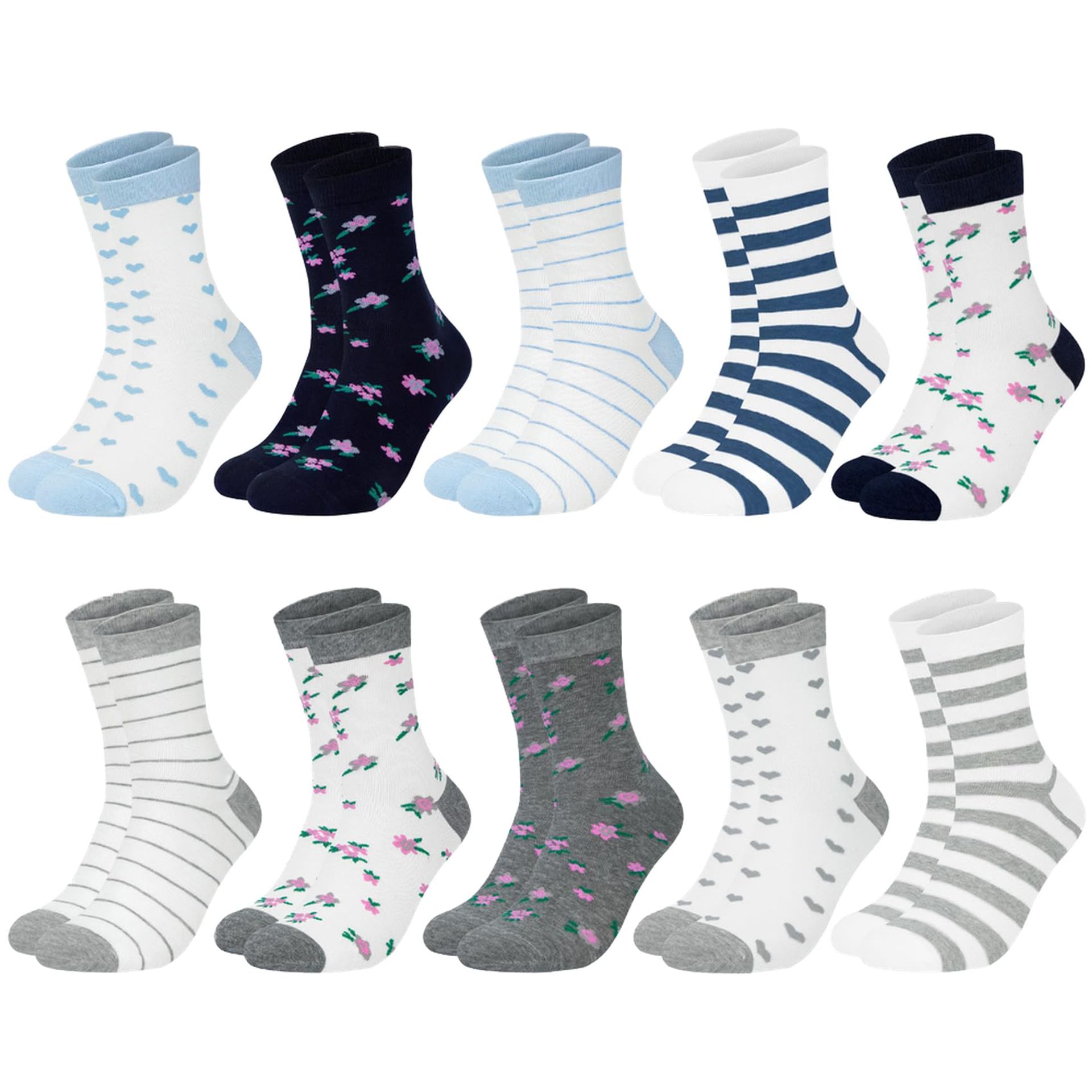 Chalier Cozy 10 Pairs Women's Colourful Socks - Stripes, Dots & Hearts, One Size