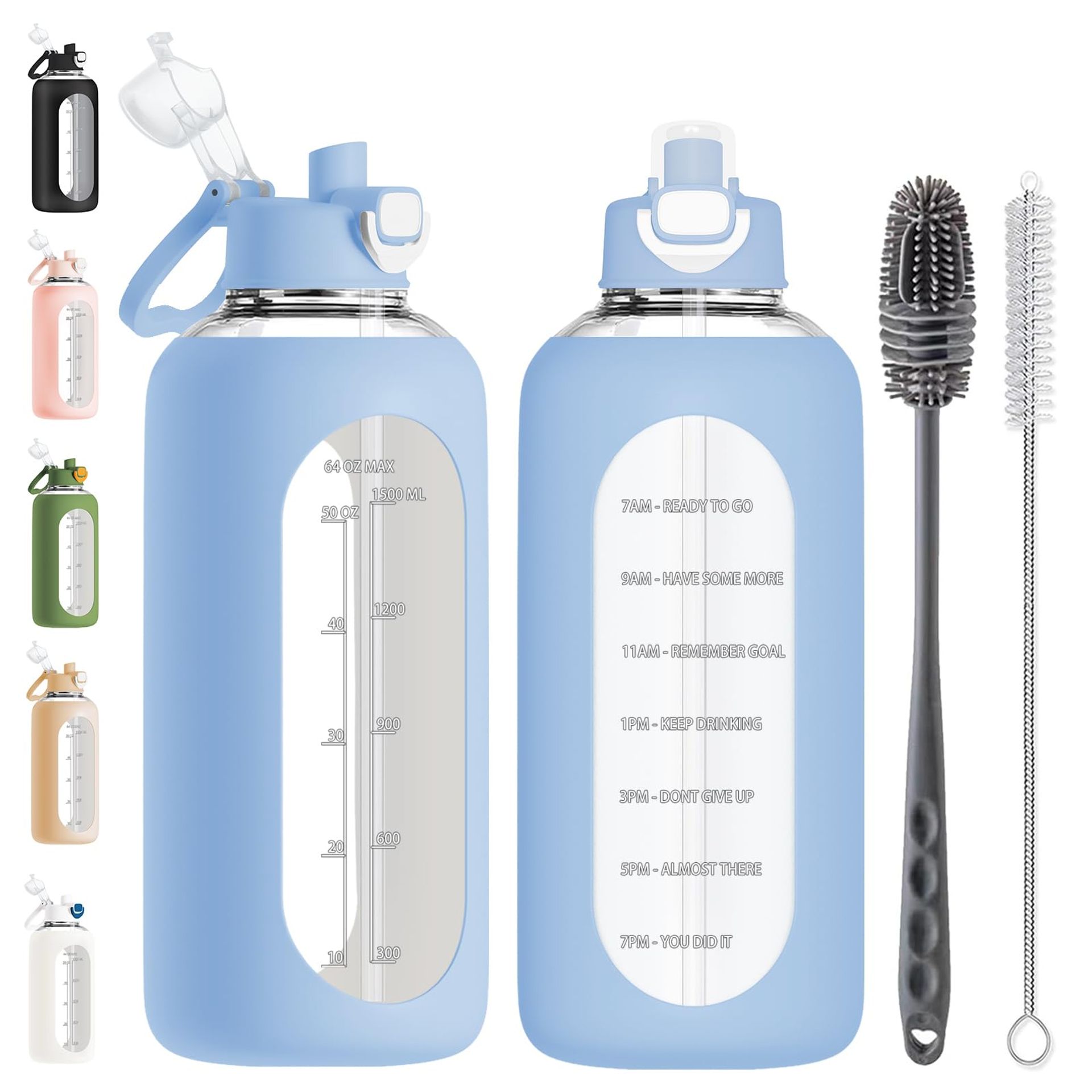 2 Litre Glass Water Bottle with Straw & Time Markings – Motivational Hydration Bottle with Cleaning Brush, Blue