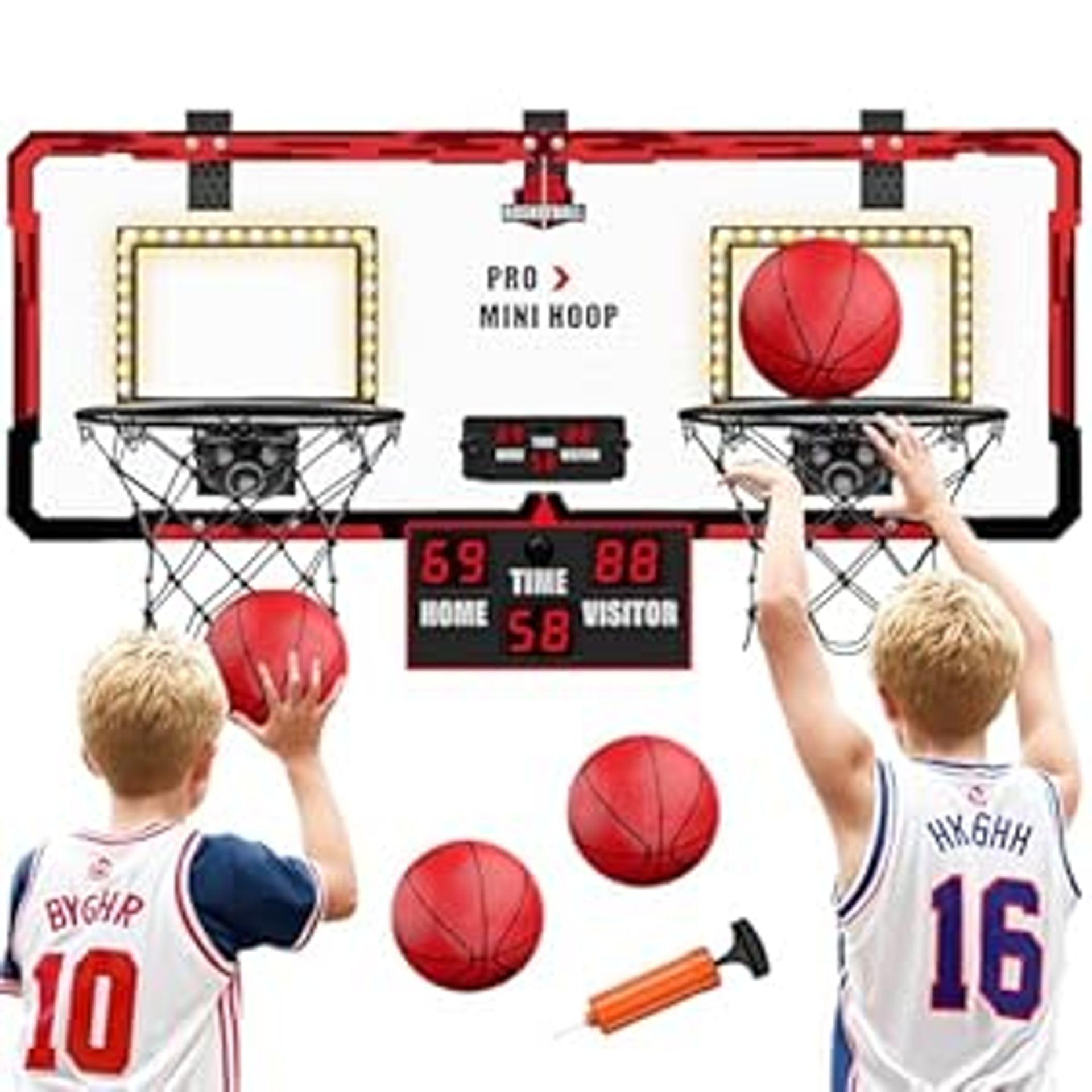 Dual Basketball Hoop for Kids 2 Player Indoor Mini Game with LED Lights, Scoreboard, 4 Balls & Pump - Red