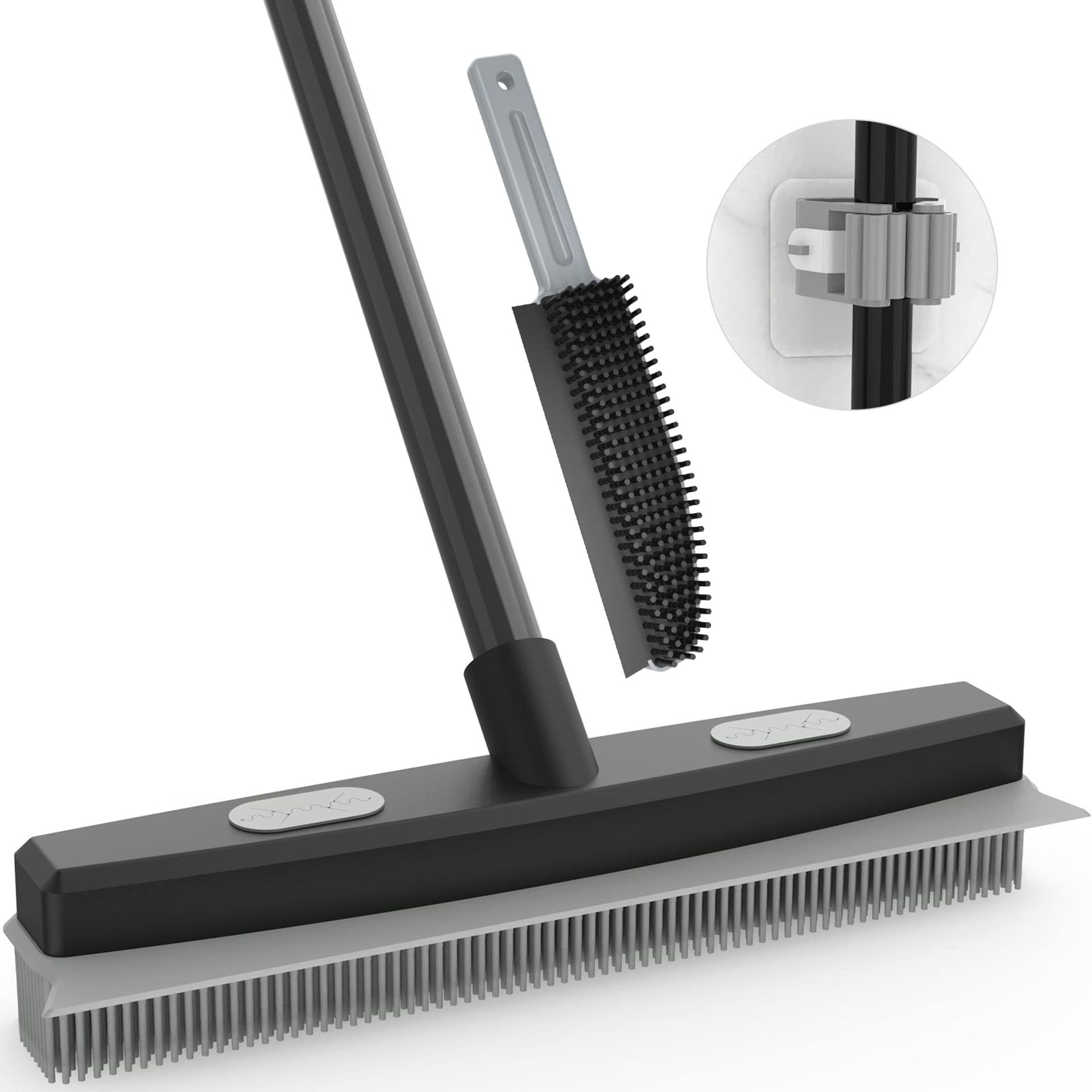 142 cm Telescopic Rubber Broom with Squeegee, Black/Grey - Removes Pet Hair, Indoor/Outdoor Use