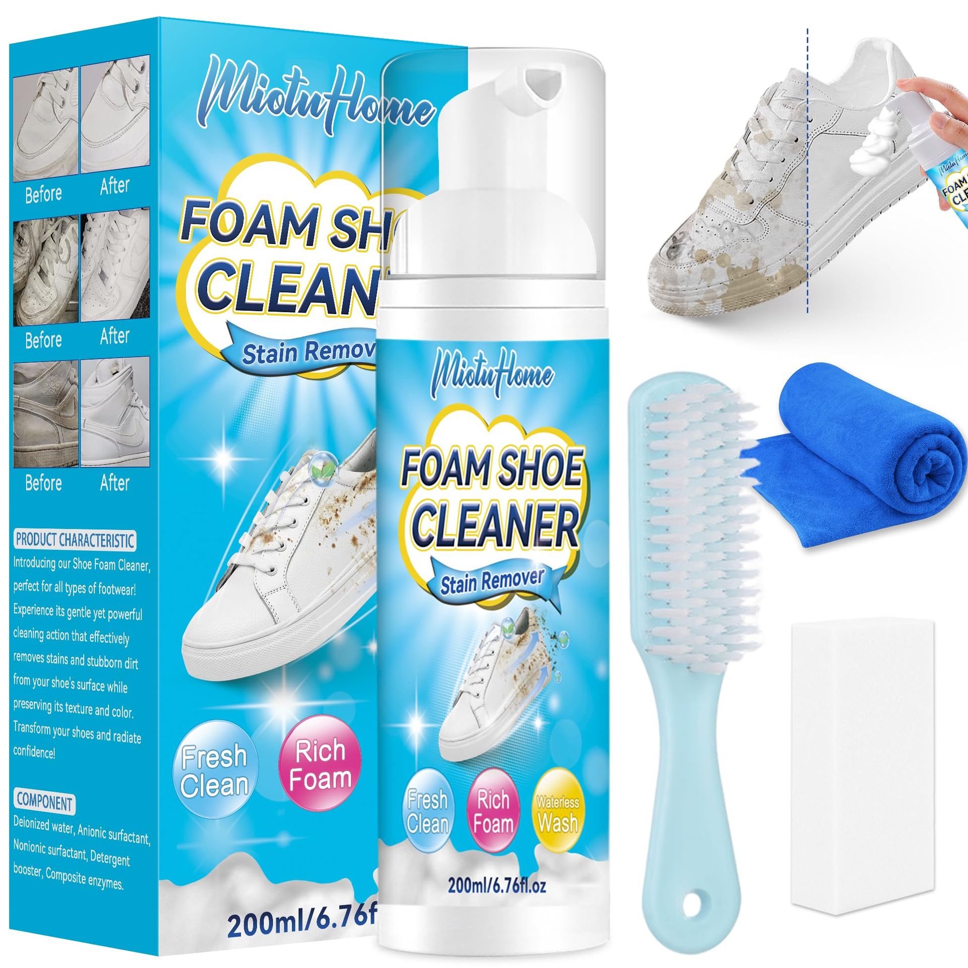 MiotuHome 6.76 Oz Shoe Cleaning Kit with Brush & Towel for Sneakers, Leather & Suede