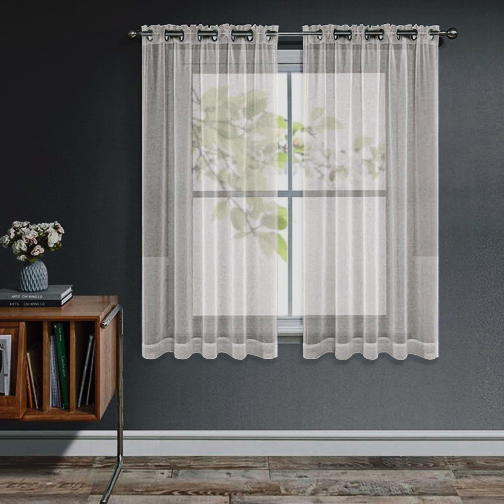 Net Curtains for Windows 63 Inch Drop, 2 Panels Sheer Eyelet Voile Curtains Khaki