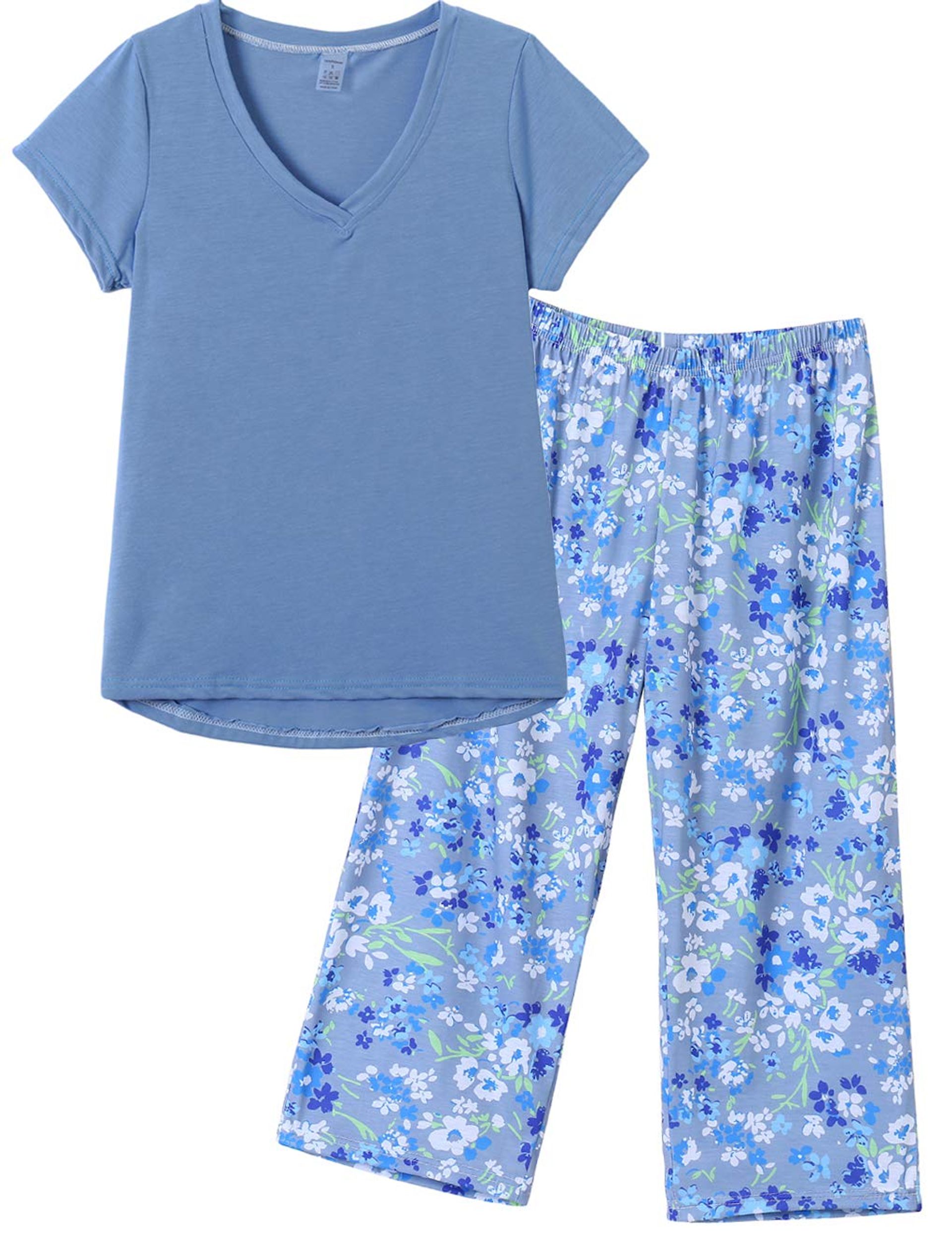 Women's Floral V Neck Pyjamas Set with Wide Leg Cropped Trousers - Lightweight Summer Sleepwear & Loungewear