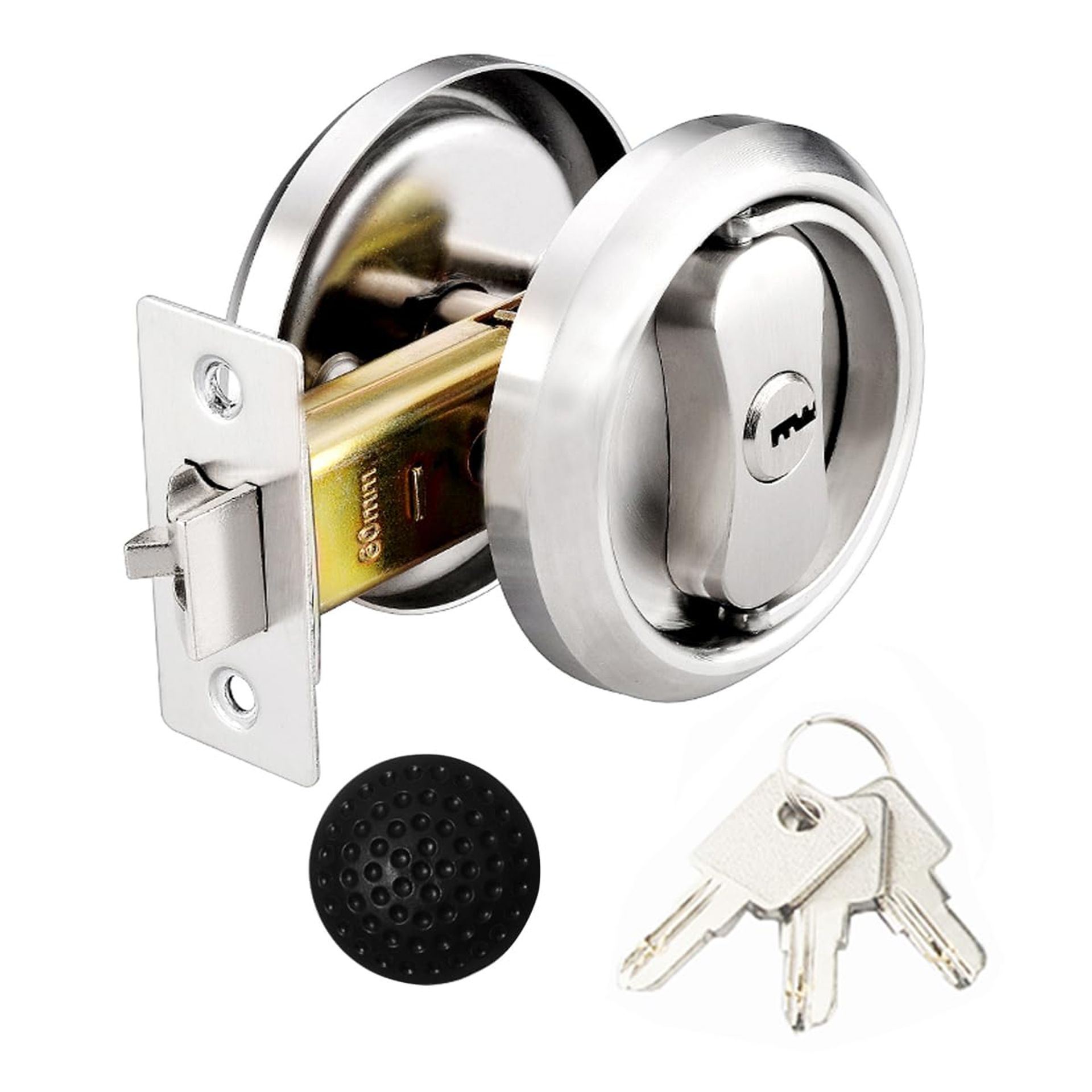 Round Pull Ring Door Knob Lock Set with Hook Deadbolt and 3 Keys Stainless Steel for Home and Office Security - Silver Round