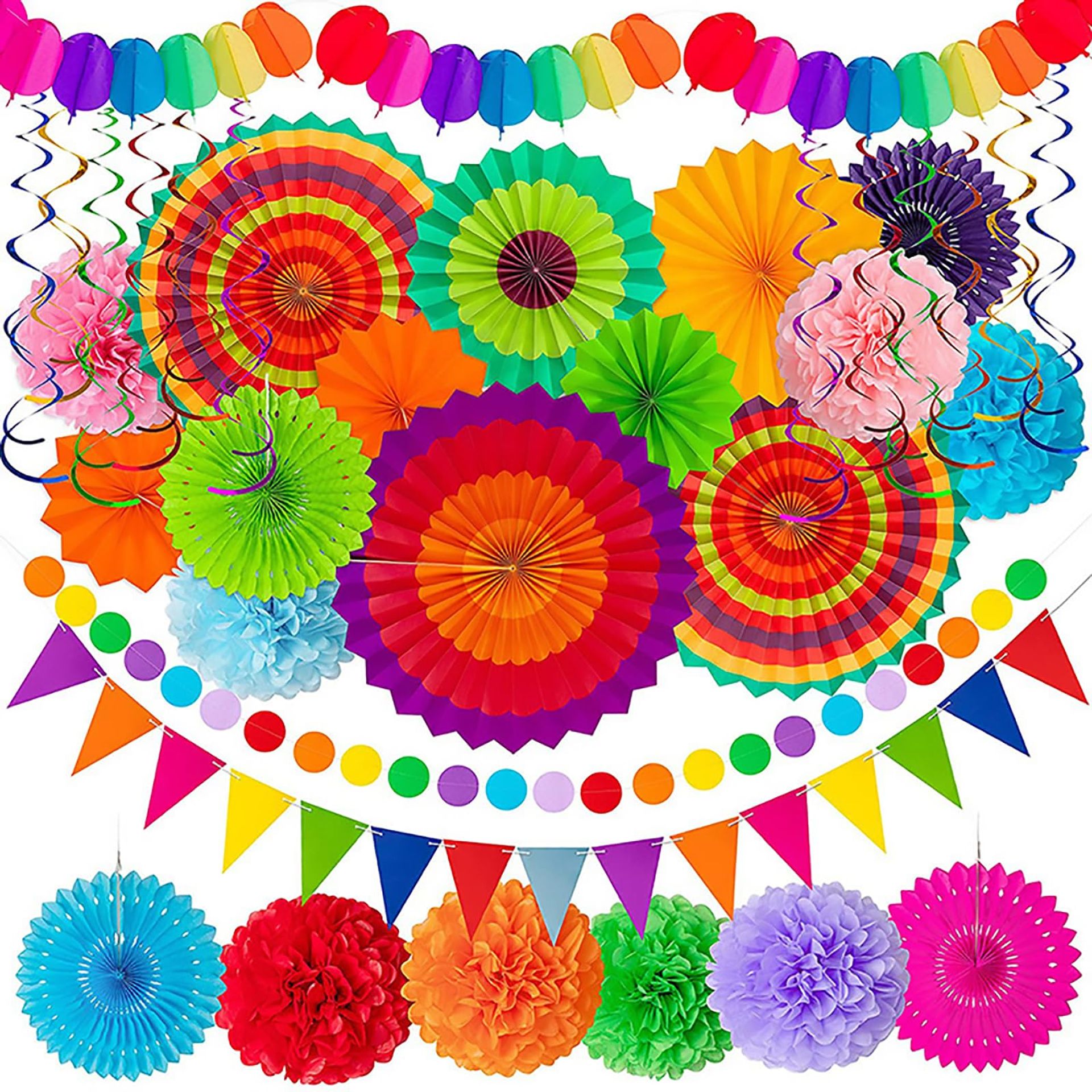 Mexican Fiesta Party Decoration Set 33pcs Paper Fans, Pom Poms, Bunting, Streamers, Confetti Garlands - Multi-colour 33Pcs