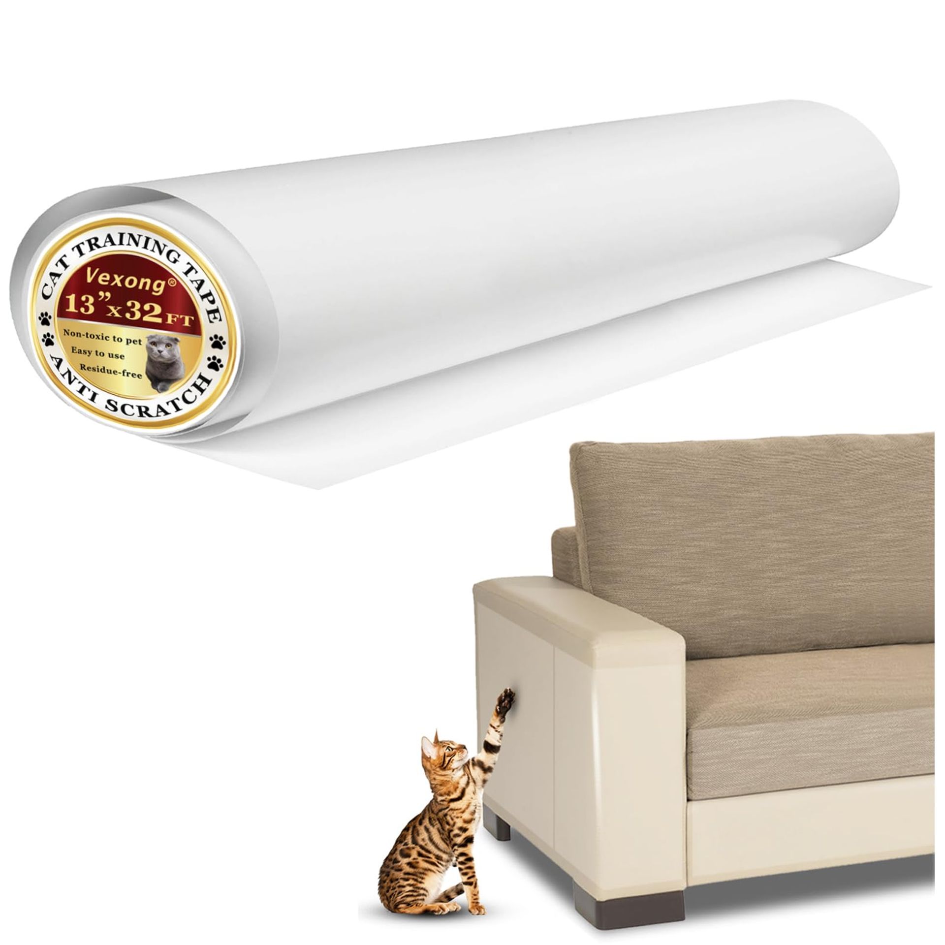 Anti Cat Scratch Furniture Protector Tape 384" x 13" - Transparent Self-Adhesive Training Tape to Protect Sofas, Chairs & Doors