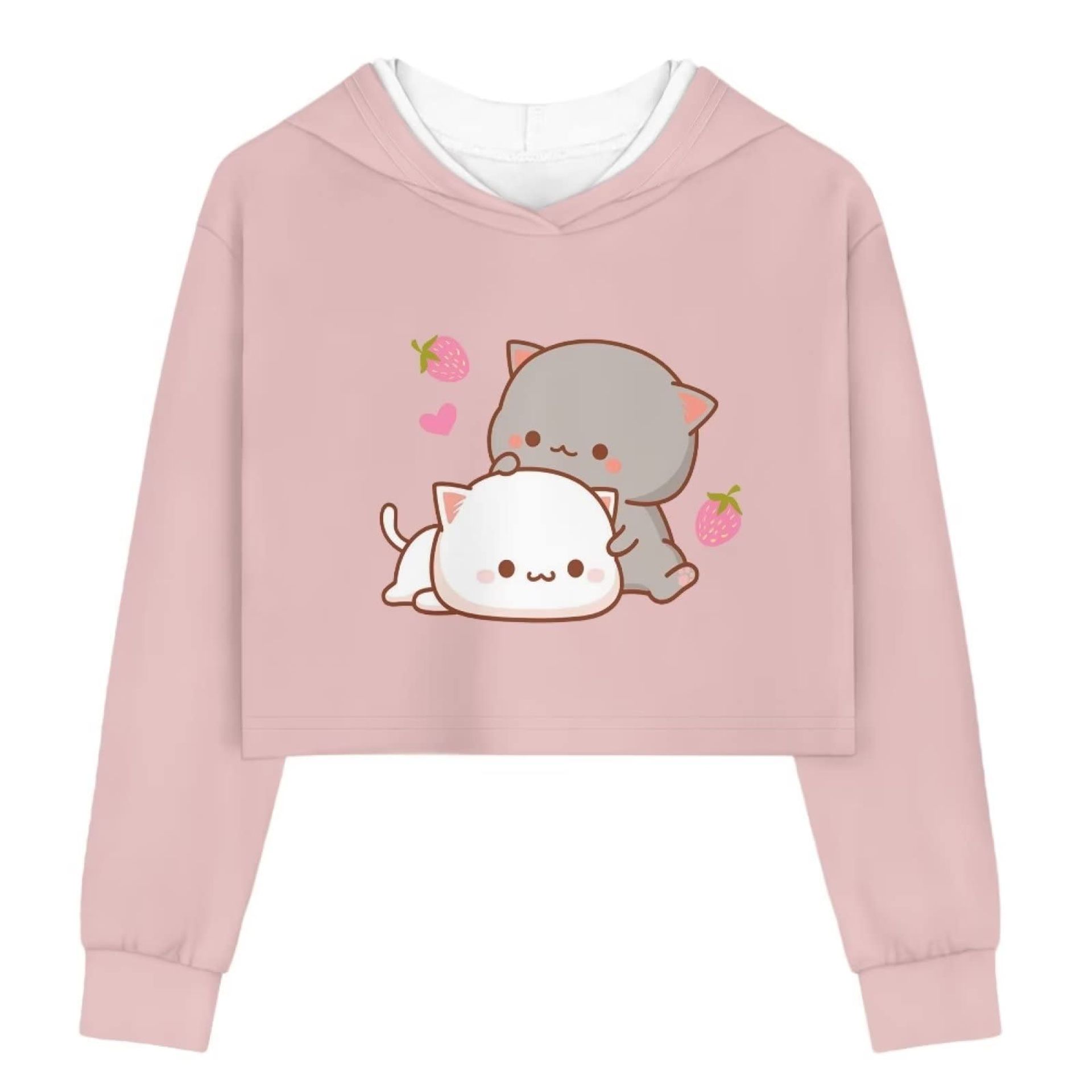 Girls Crop Top Hoodie Sweatshirt Long Sleeve Casual Sports Pullover - Cute Cat 11-12 Years