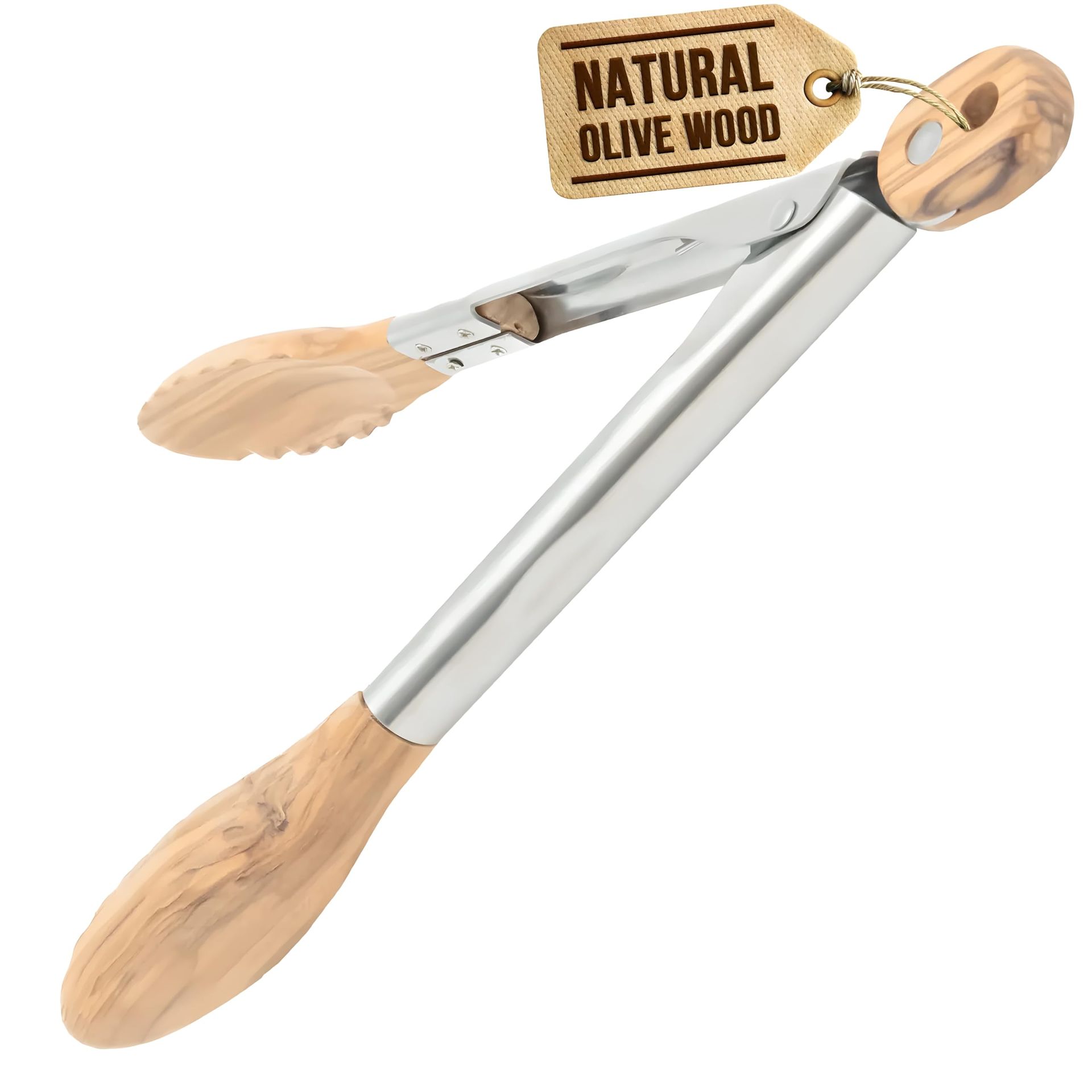 Wooden Kitchen Tongs with Olive Wood Tips – 11 Inch Cooking, BBQ & Salad Tongs, Gentle on Non-Stick Cookware