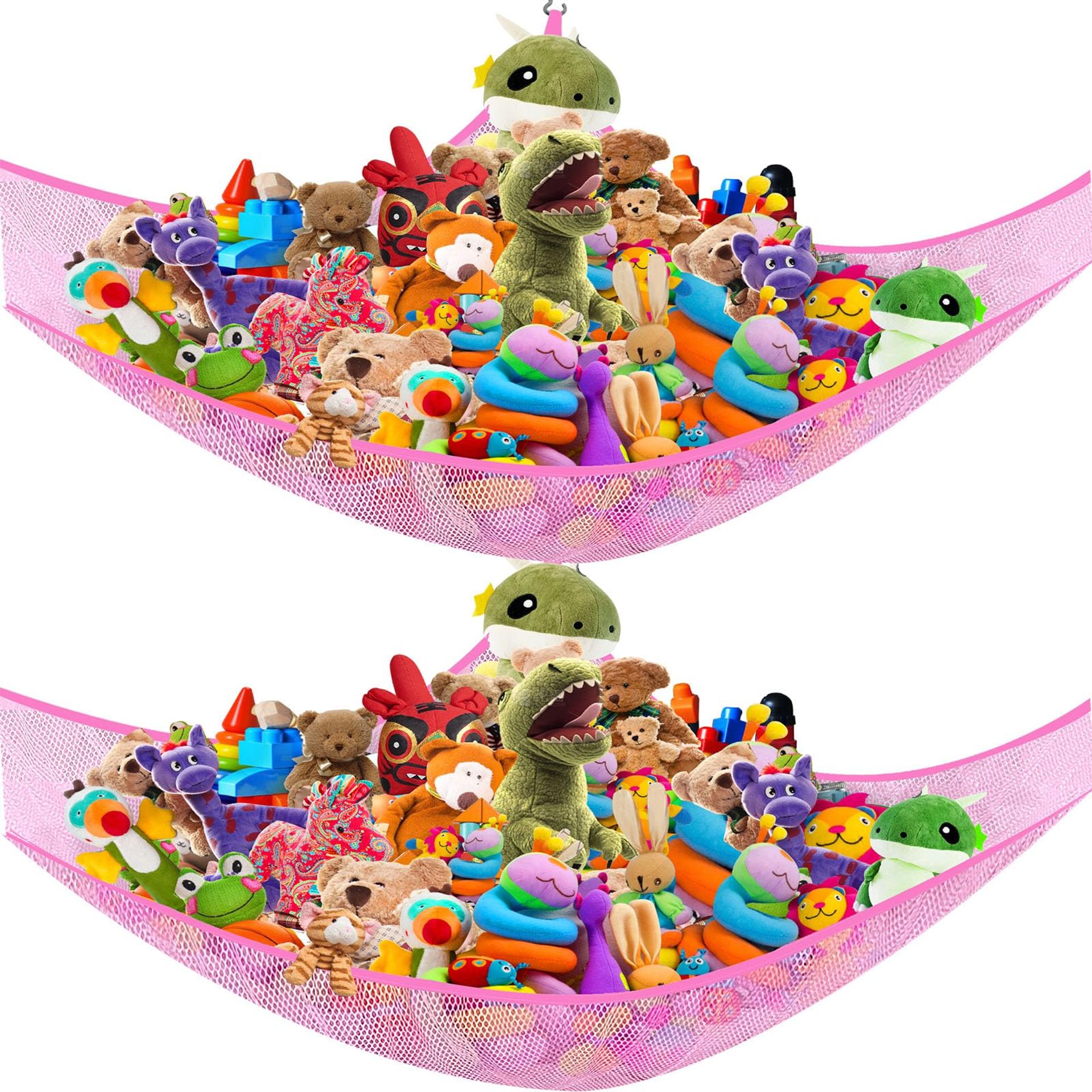 2 Pack Pink Stuffed Animal Hammock Corner Storage - Large Toy Net for Girls' Room Decor