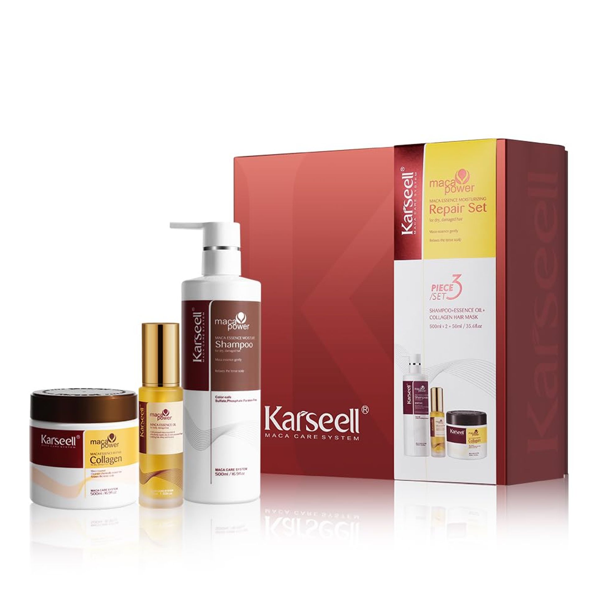 Maca Essence Moisturising Hair Repair Set Collagen Mask Shampoo & Oil - Photo Colour 350ml (Pack of 3)