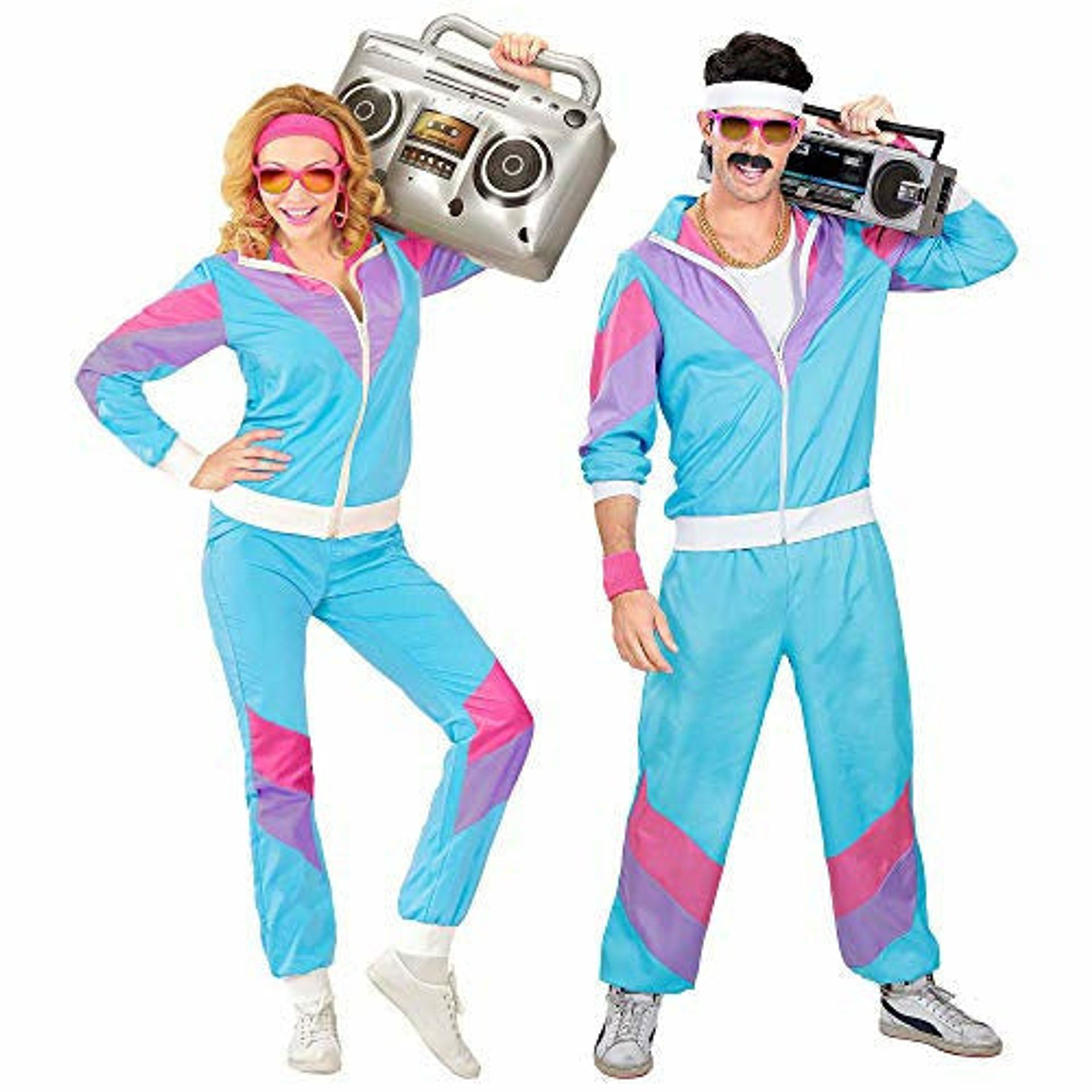 Men's 80s/90s Retro Tracksuit Fancy Dress Costume Jacket & Trousers - Blue, Pink & Purple XXL