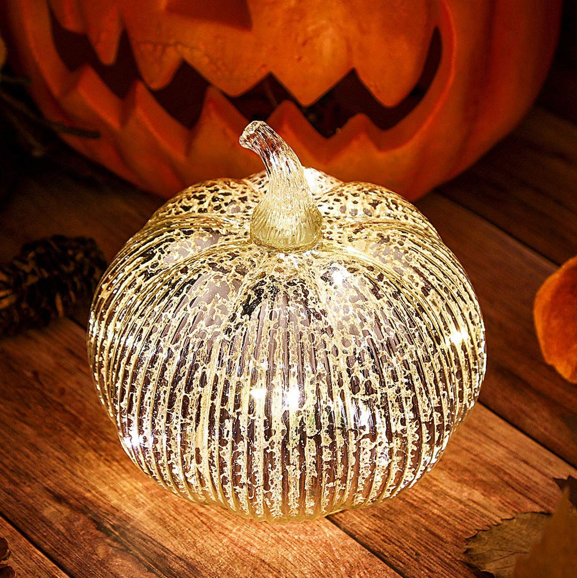 Mercury Glass Pumpkin Light with Timer Decorative LED Lamp for Autumn and Thanksgiving Home Décor - Silver Unscented