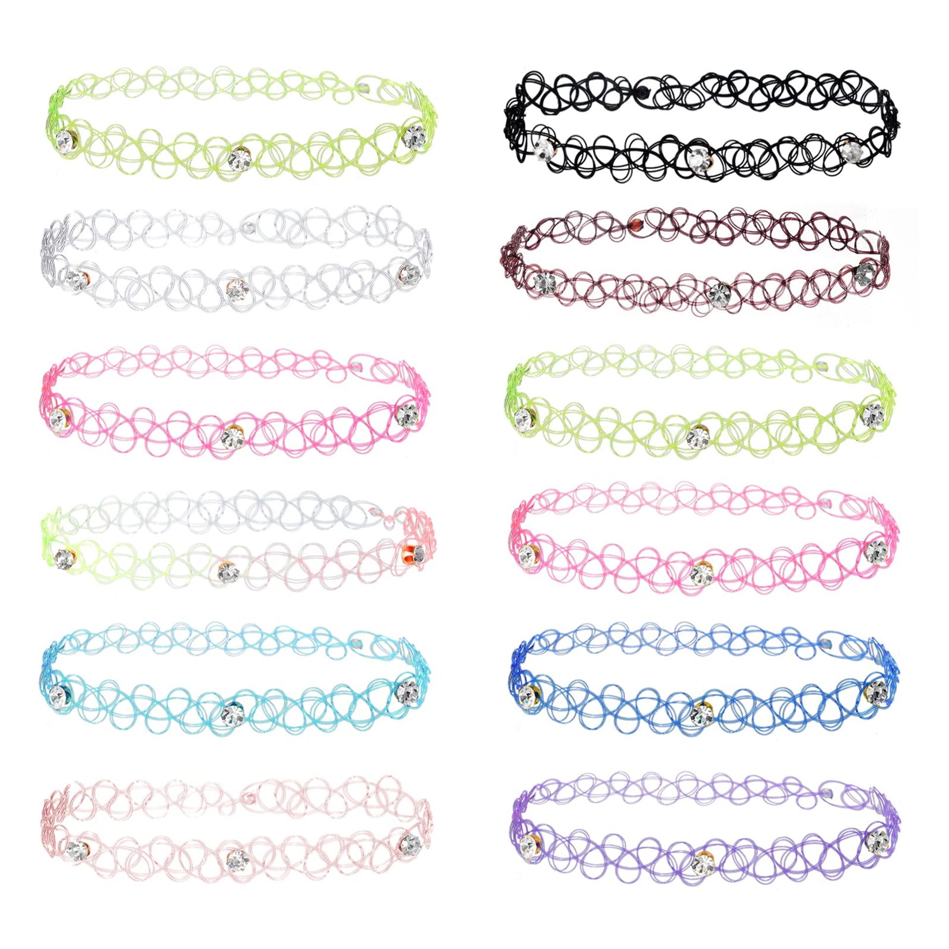 12Pcs Gothic Stretch Tattoo Choker Necklace Set, Lace Hollow Weave Jewellery in Mixed Colours