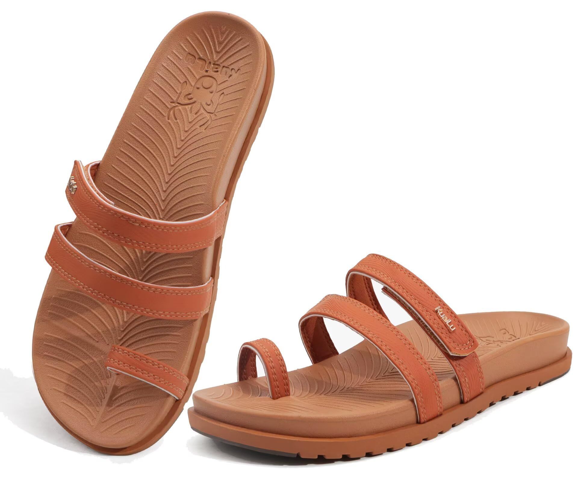 KuaiLu Womens Slides Sandals With Arch Support Comfort Plantar Fasciitis Yoga Mat Cushion Sandals Fashion Summer Beach Walking Adjustable Ladies Flat Orthopedic Slip On Sandles Tan Size 5.5