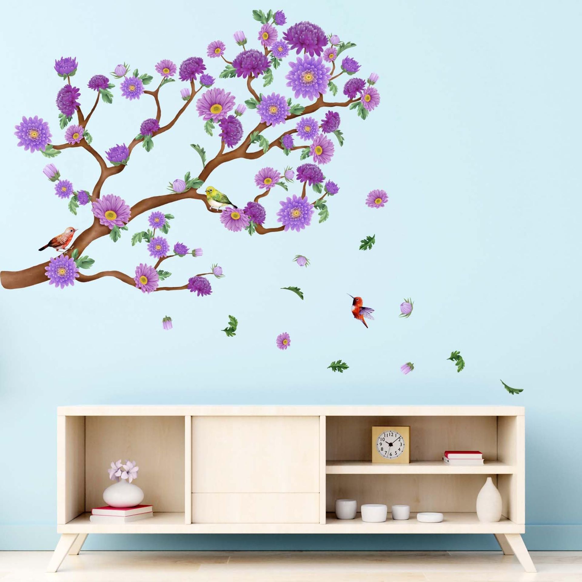 Amimagen Purple Cherry Blossom Wall Stickers - Tree Branch Flower Birds Wall Decals - Bedroom Living Room Sofa TV Background Home Wall Decor