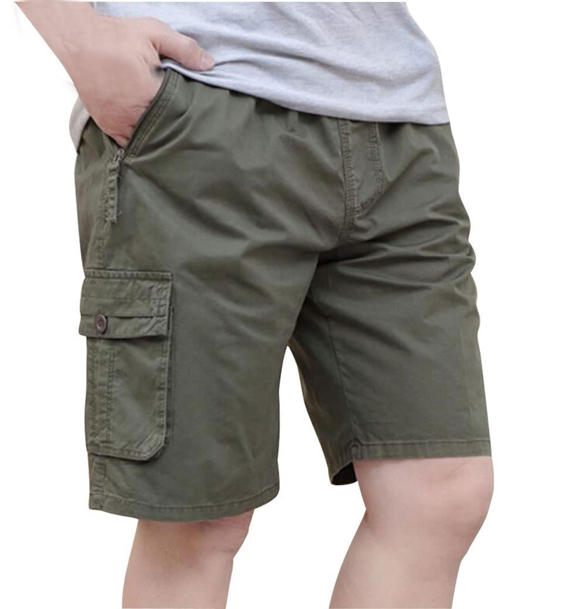 Men's Elastic Waist Cargo Shorts Zipper Fly Relaxed Fit with Multiple Pockets - Army Green 42
