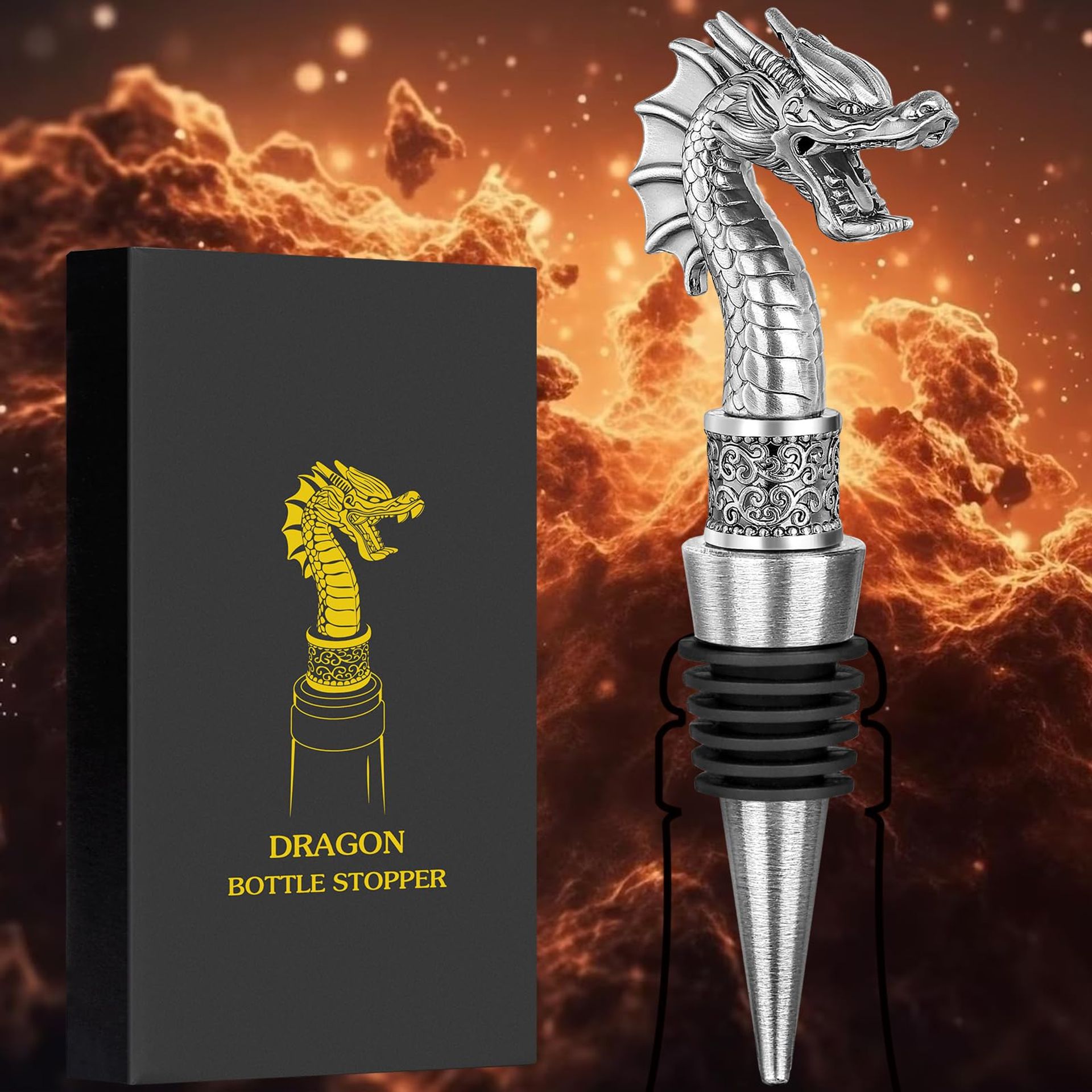 Dragon Head Wine Stopper & Opener - Unique Gift for Men, Dad, Fans - Dark Silver, Airtight Seal, Multi-Bottle Fit - Spring Refresh