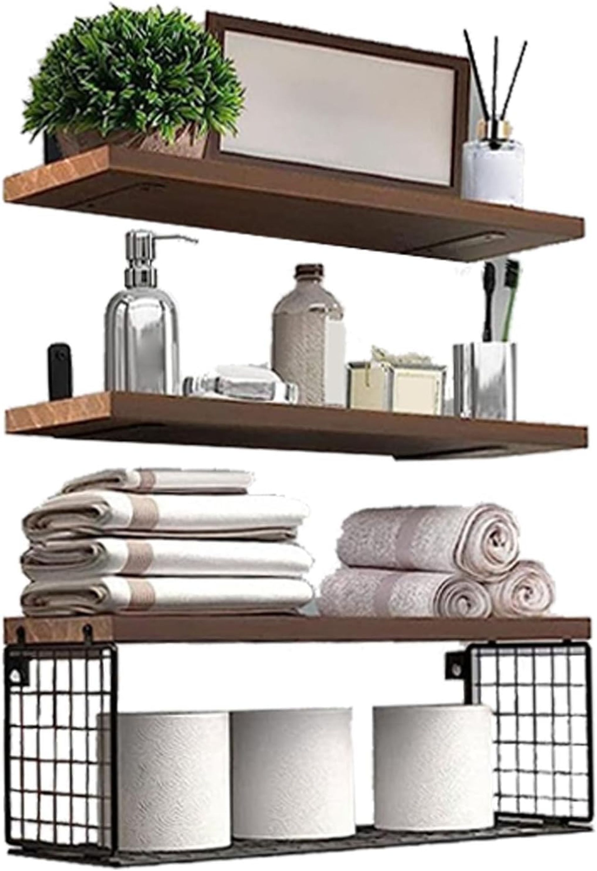 Floating Wall Shelves with Wire Basket, Rustic Wooden Storage Set of 3 for Bathroom, Kitchen, Bedroom & Living Room