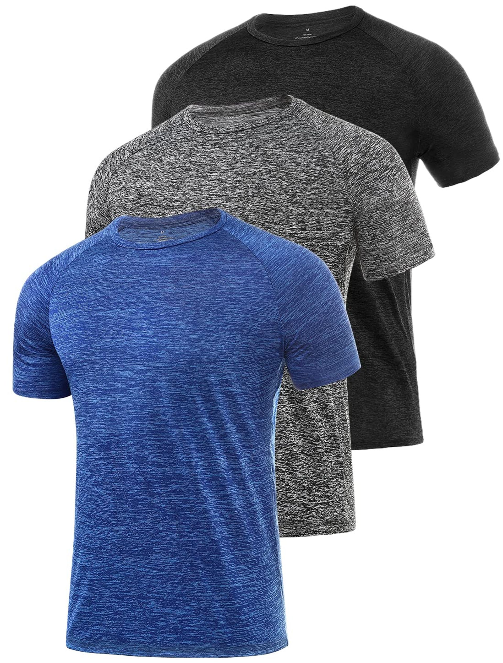 3 Pack Men's Dry Fit T-Shirts - Moisture Wicking Athletic Tees for Fitness & Gym - Black/Grey/Blue 3XL