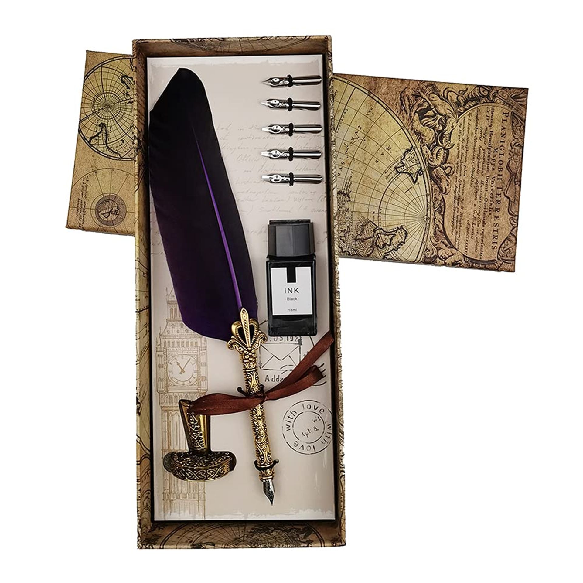 Vintage Aokuy Feather Dip Pen Set with Purple Ink & 5 Nibs - Perfect for Calligraphy & Gifts