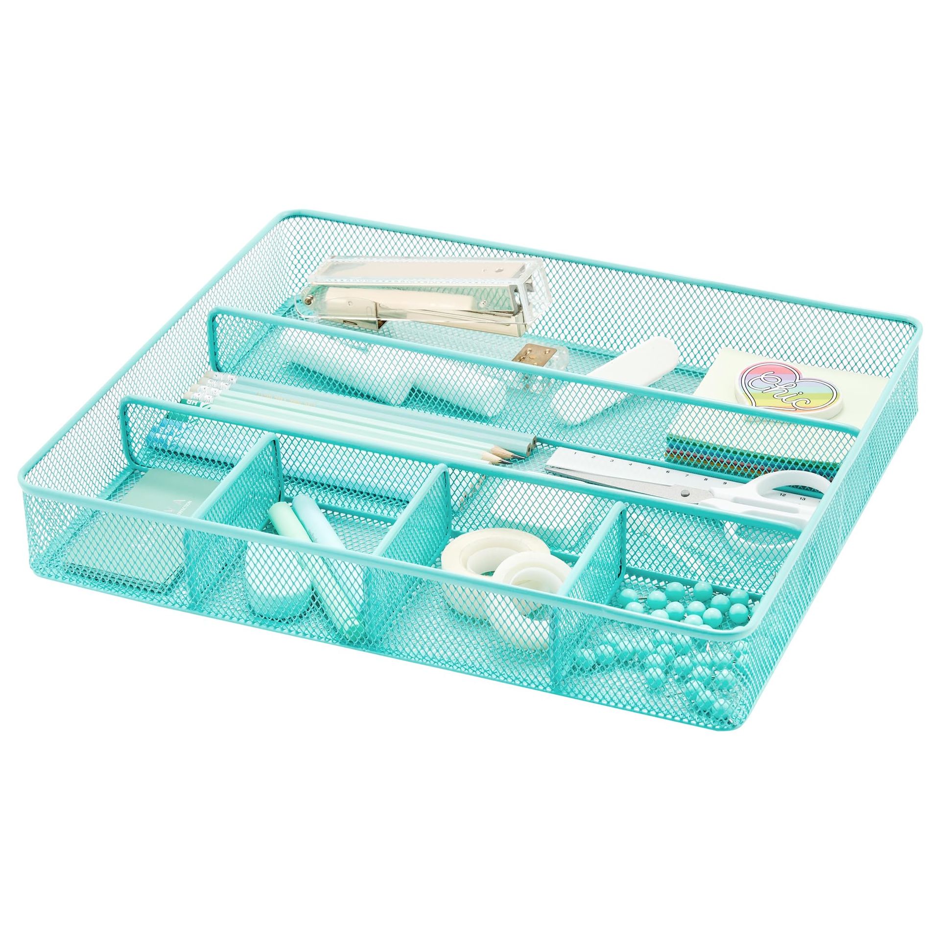 Turquoise Metal Mesh Desk Drawer Organizer with Dividers for Home & Office