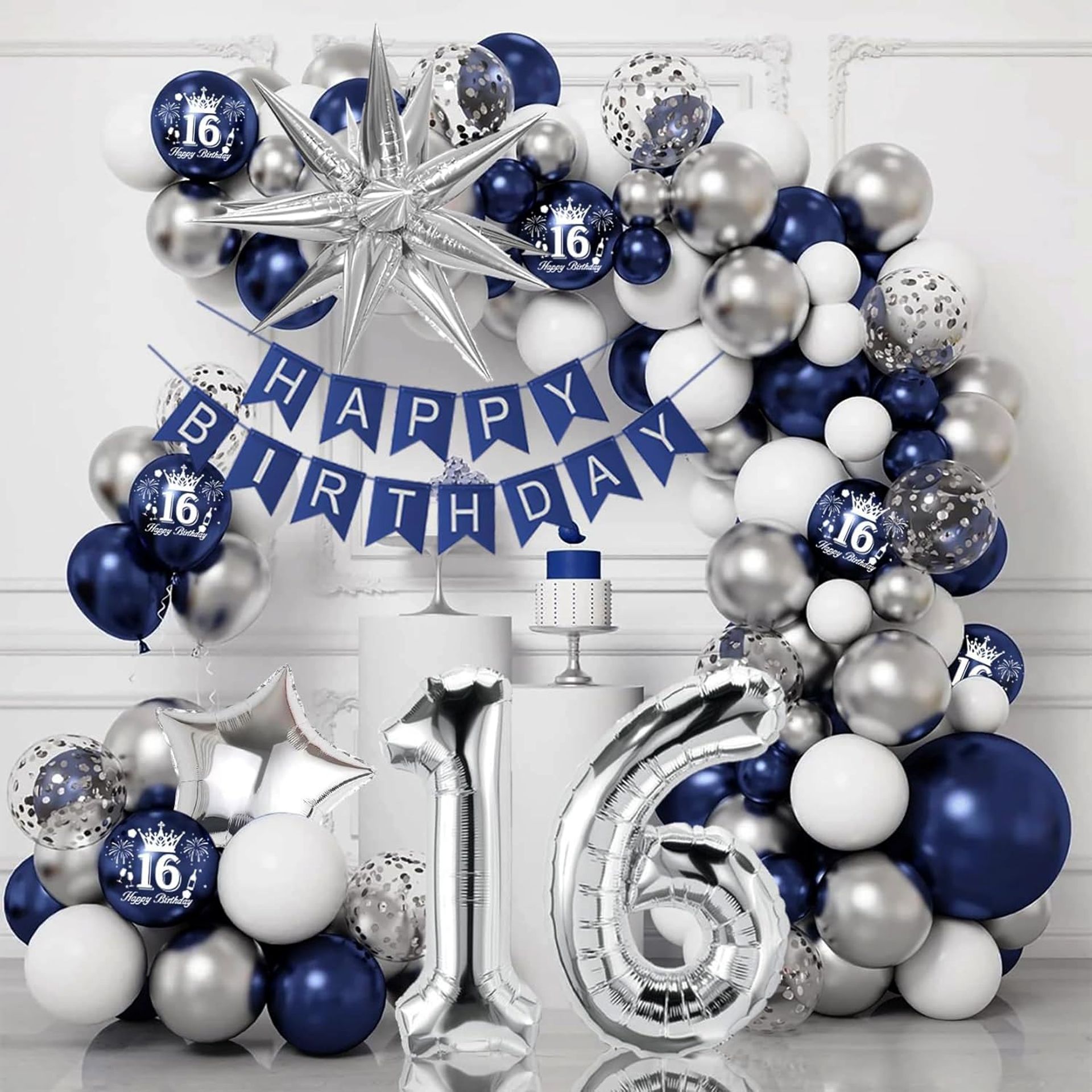 16th Birthday Decorations Blue & Silver - Banner, Balloons & Backdrop for Boys & Girls Party