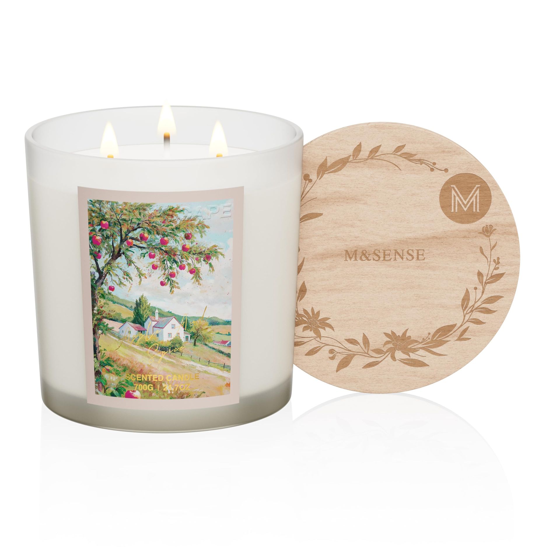 Large Scented Candle 3 Wick Apple and Spice Soy Wax with Wooden Lid 120 Hours Burn - White Apple and Spice - Valentines - Valentines