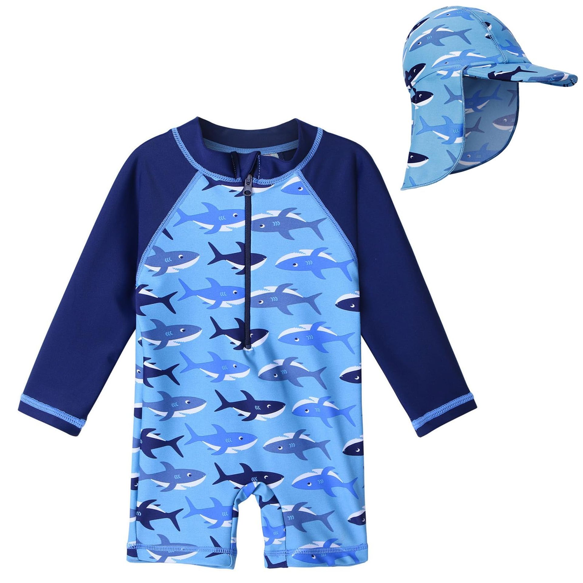 Baby Girls One Piece Long Sleeve Swimwear UPF 50+ Sun Protection Wetsuit with Hat - A002 Shark Swimwear 0-6 Months
