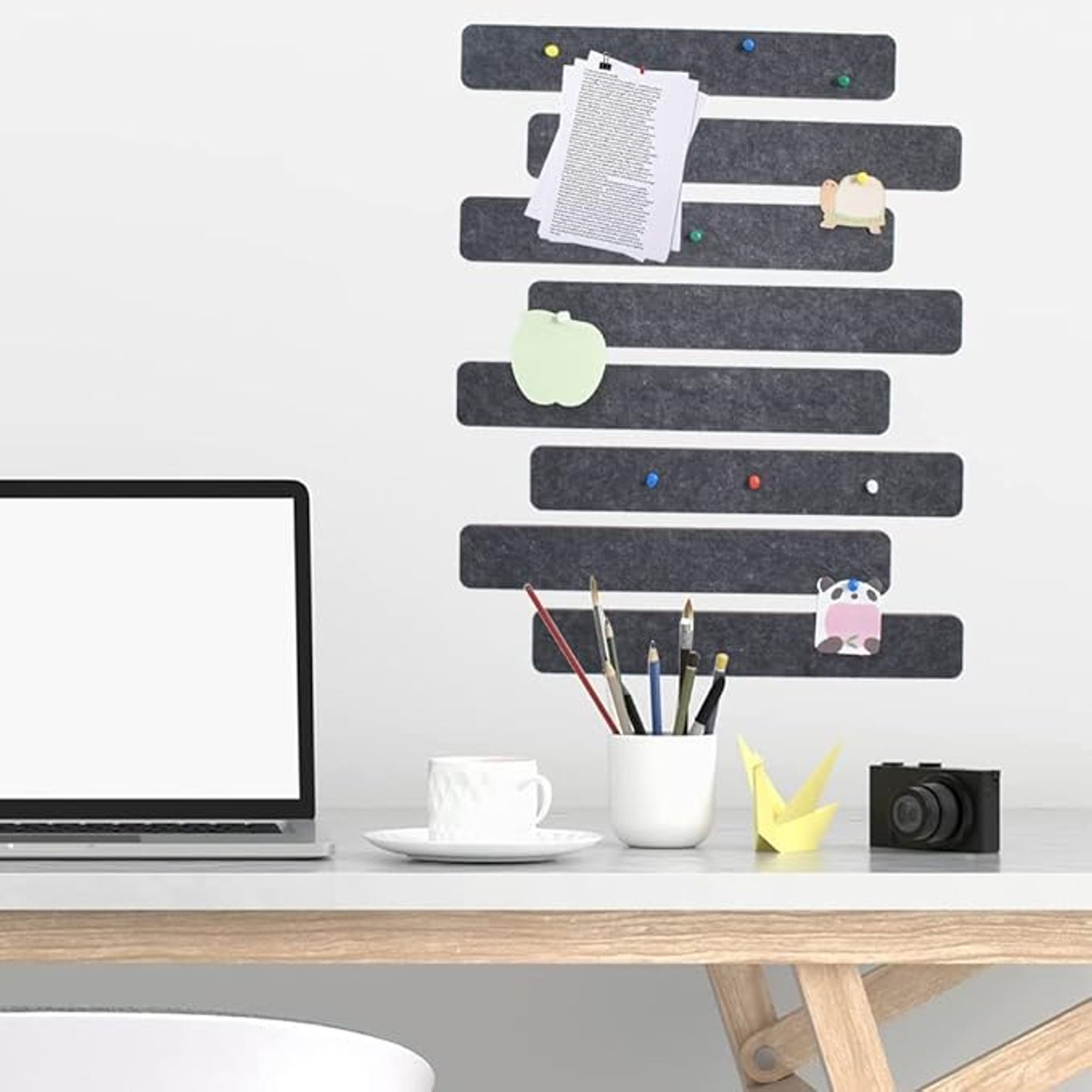 8Pcs Dark Grey Cork Board Bar Strips with 50 Pushpins & Sticky Notes - Self-Adhesive, No Wall Damage