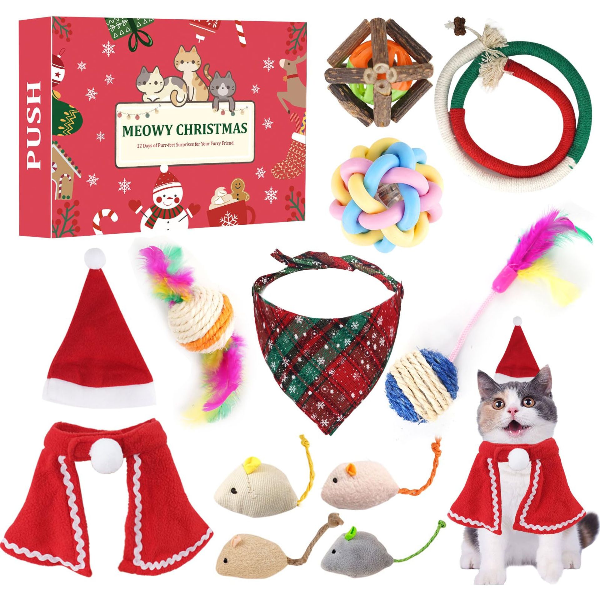 Interactive Cat Toys Set - 12 Days of Fun with Catnip, Feather Balls & Mice for Cats & Kittens