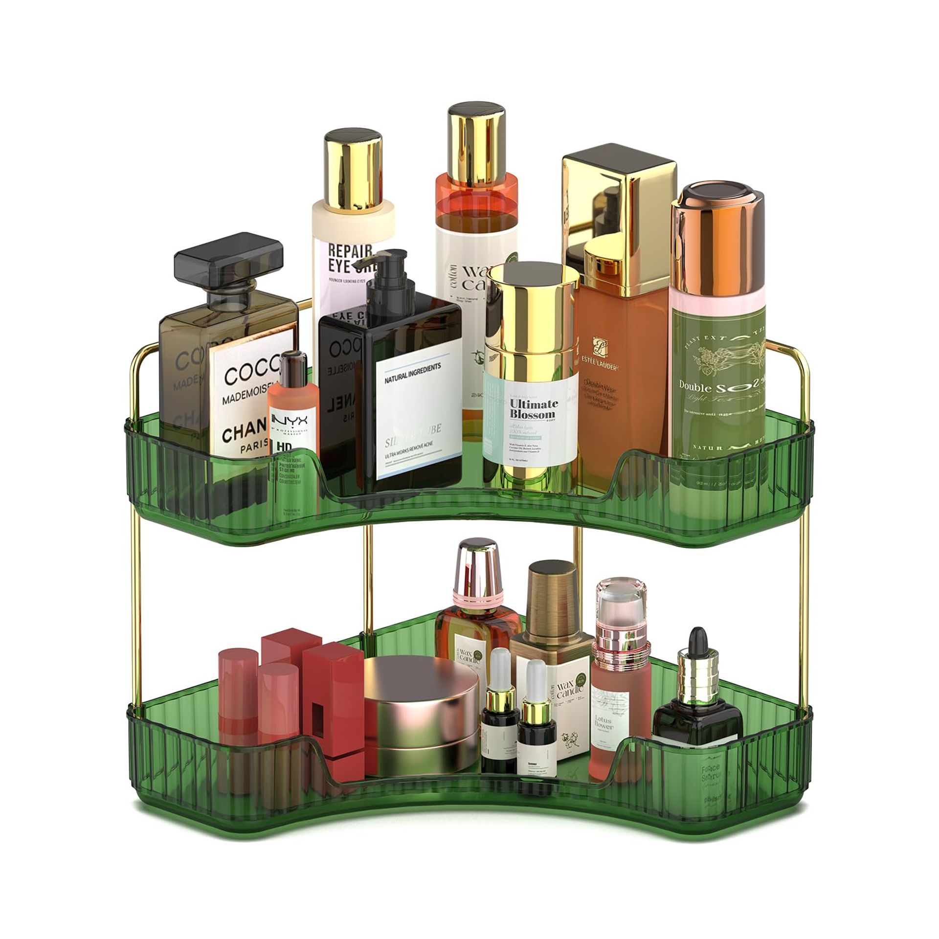 Large Green Acrylic Makeup Organiser Corner Trays - 2 Tiers Skincare & Cosmetic Storage