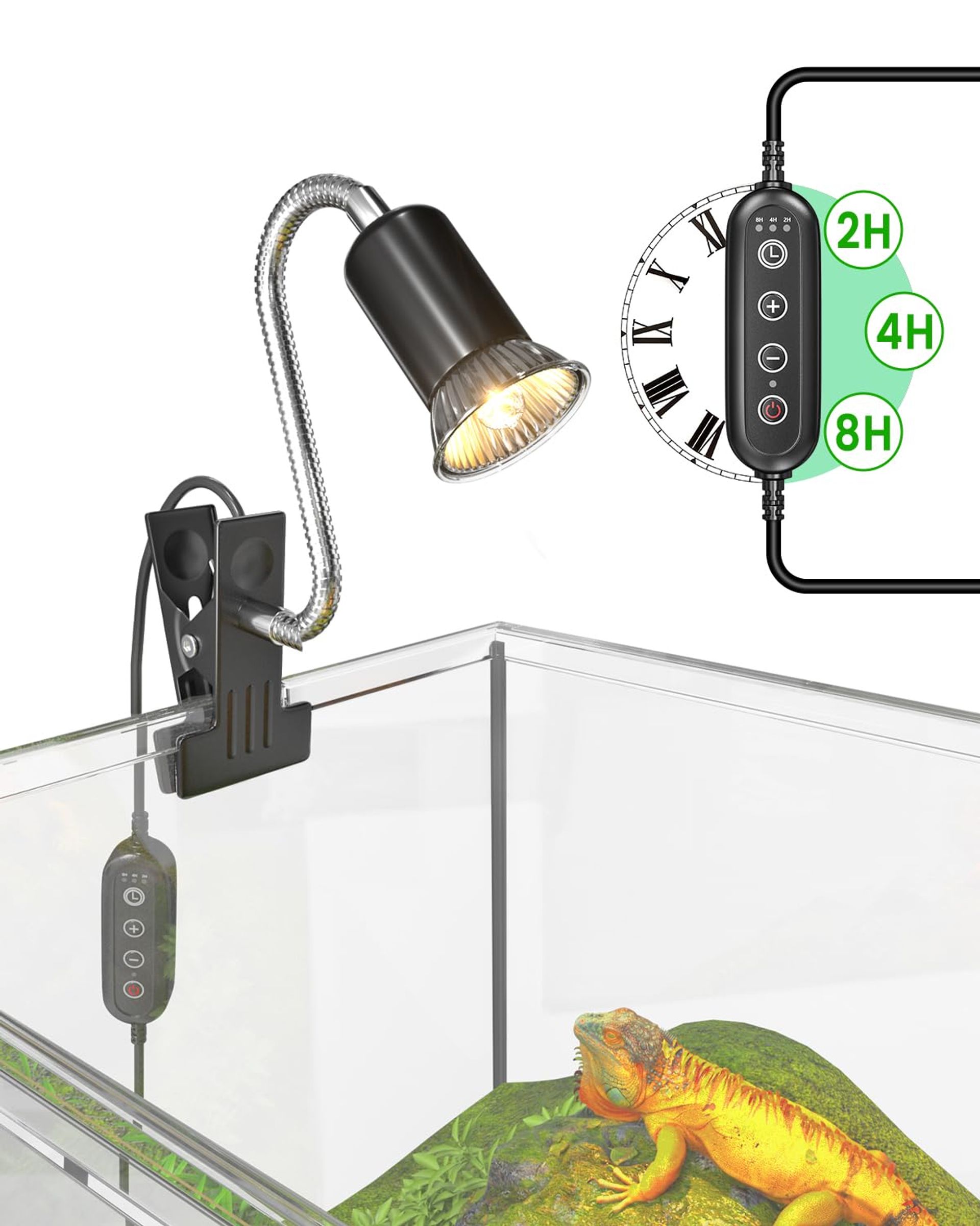 GlowUp Dimmable Heat Lamp for Reptiles, Tortoise Heat Lamp with Timer, E27 Reptile Heat Lamp with Clip, Tortoise Basking Lamp, Tortoise Vivarium Accessories(Without Bulbs)