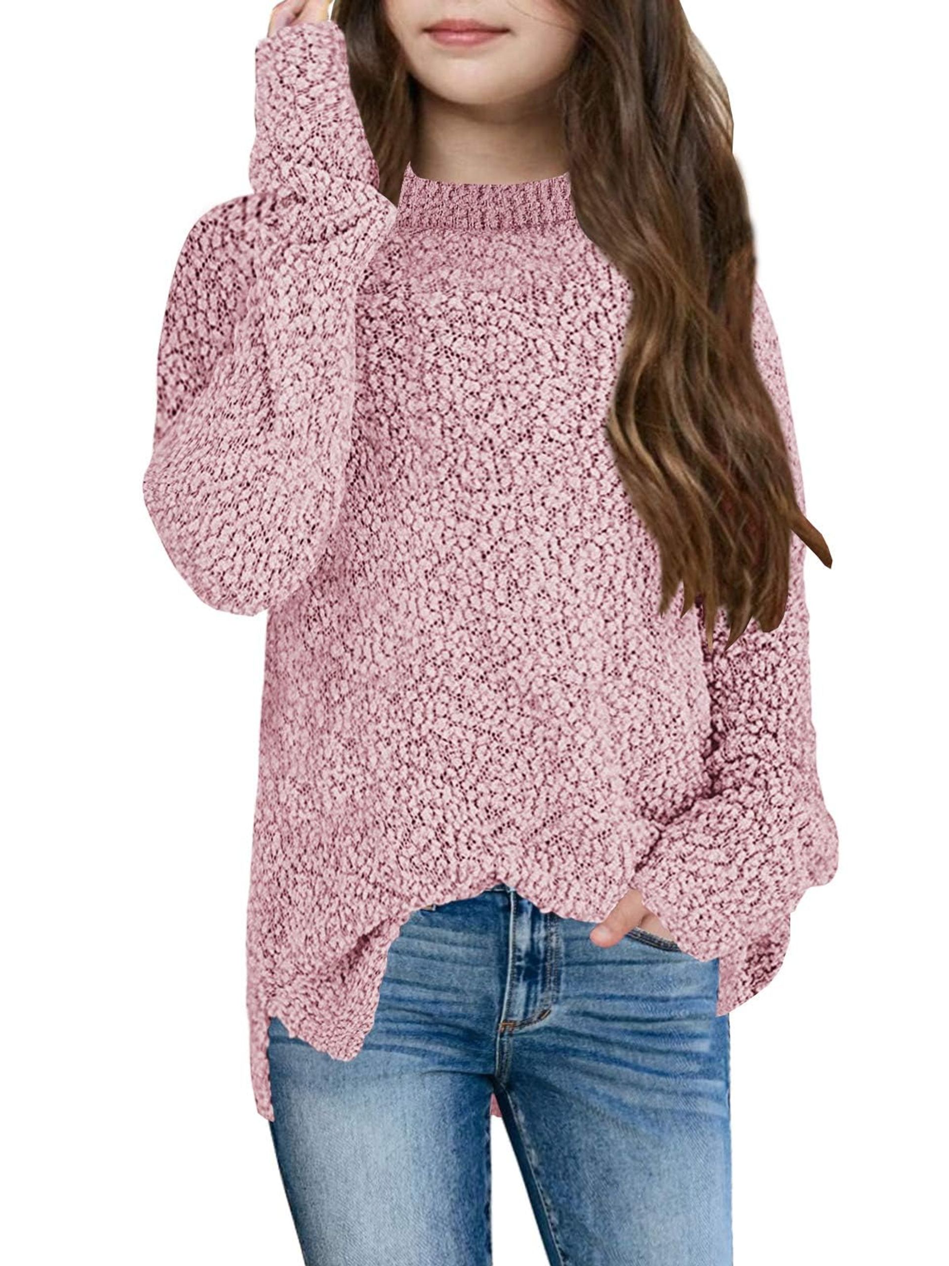 Girls Fuzzy Jumper Warm Crew Neck Chunky Knit Winter Pullover Sweater - Pink 130-140