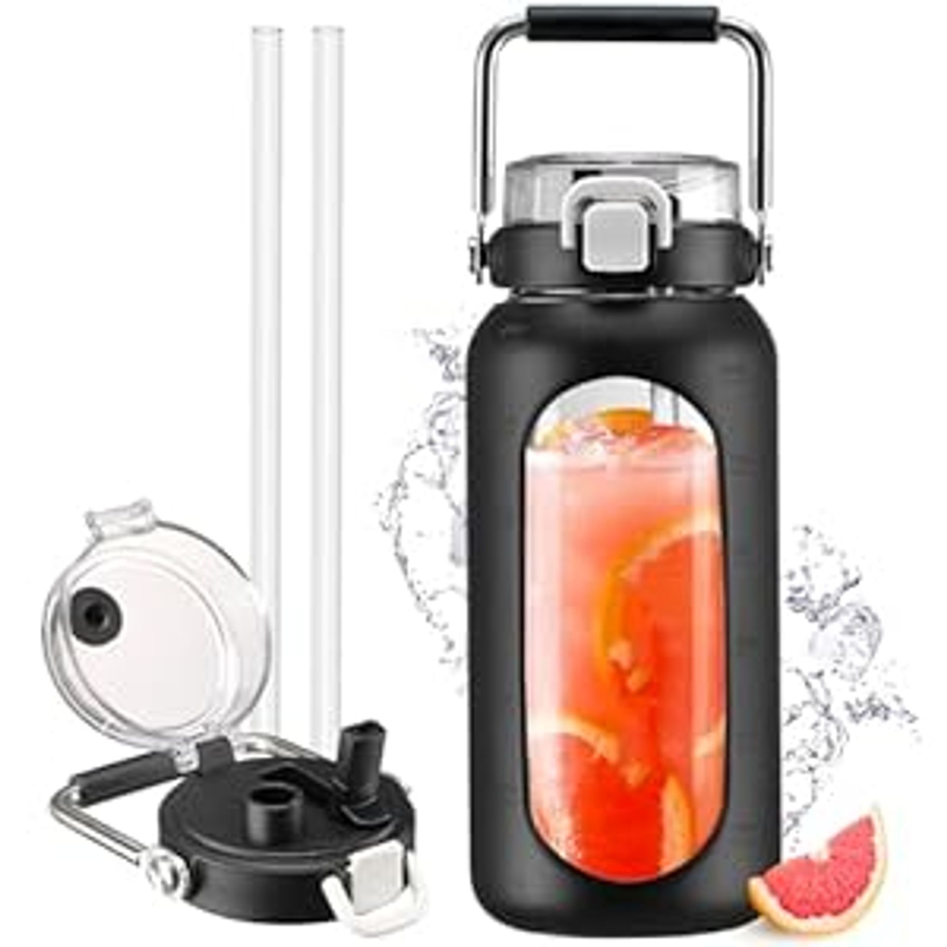 2L Glass Water Bottle with Straw Time Marker Sleeve Leak-Proof Jug - Black 2000ML