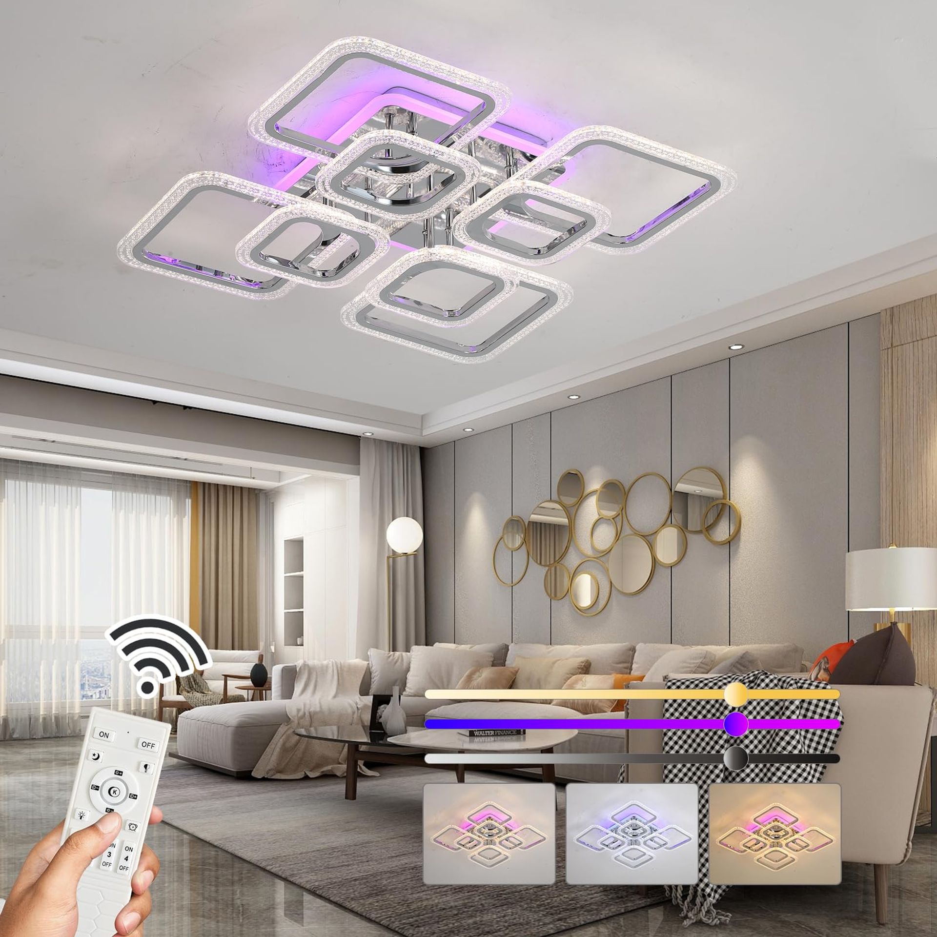 Dimmable LED Ceiling Light 80W Modern Square Fixture with Remote Control for Living Room or Bedroom 3000–6000K - Chrome 8 Squares