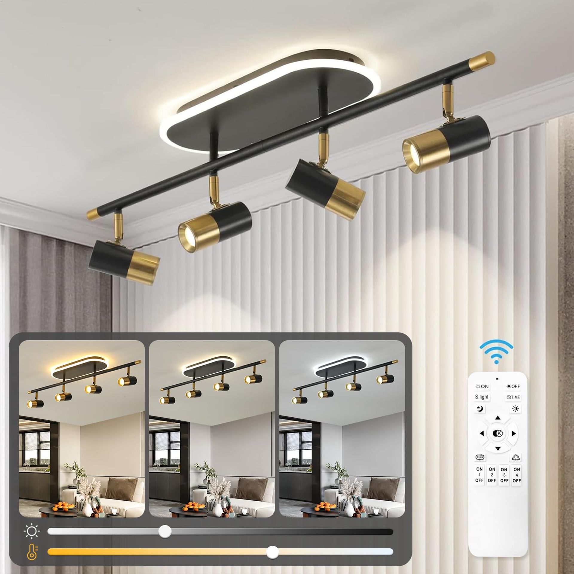 LED Dimmable Ceiling Light with Remote Control Modern 4-Way Adjustable Spotlight 30W - Black Gold