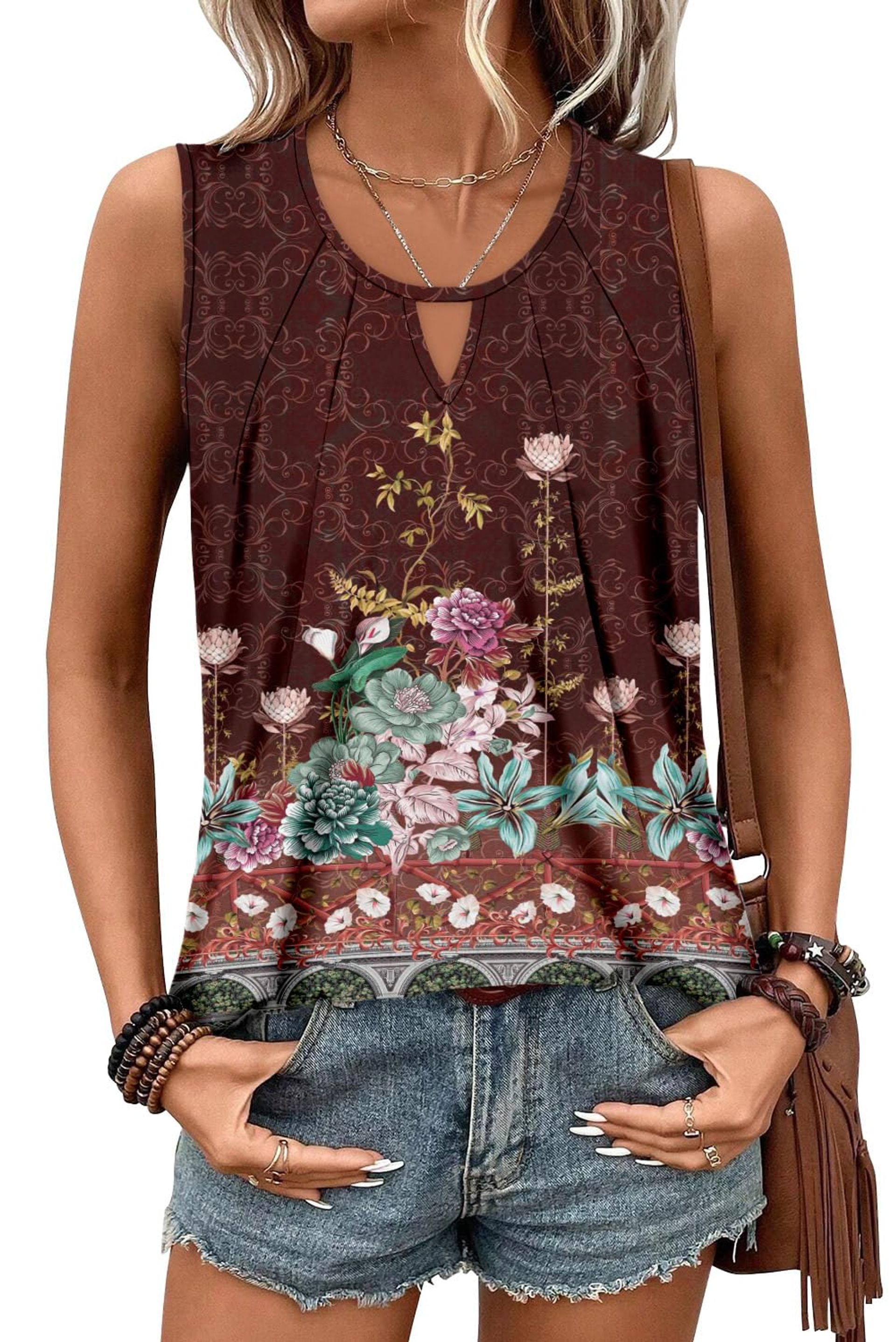 Women's Sleeveless Pleated Cami Top Lightweight Summer Vest Tunic - Lilac Daisy Size 20