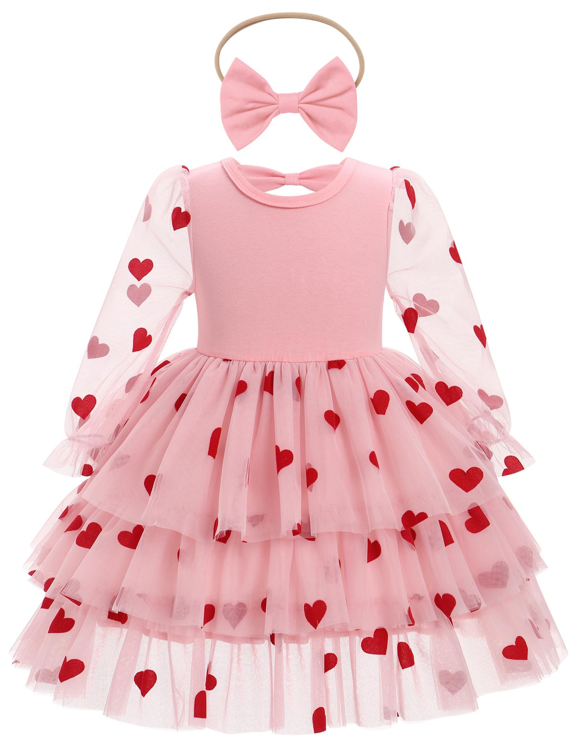 Baby Girl Valentine's Day Long Puff Sleeve Tulle Party Dress with Headband - Pink-Heart 12-18 Months