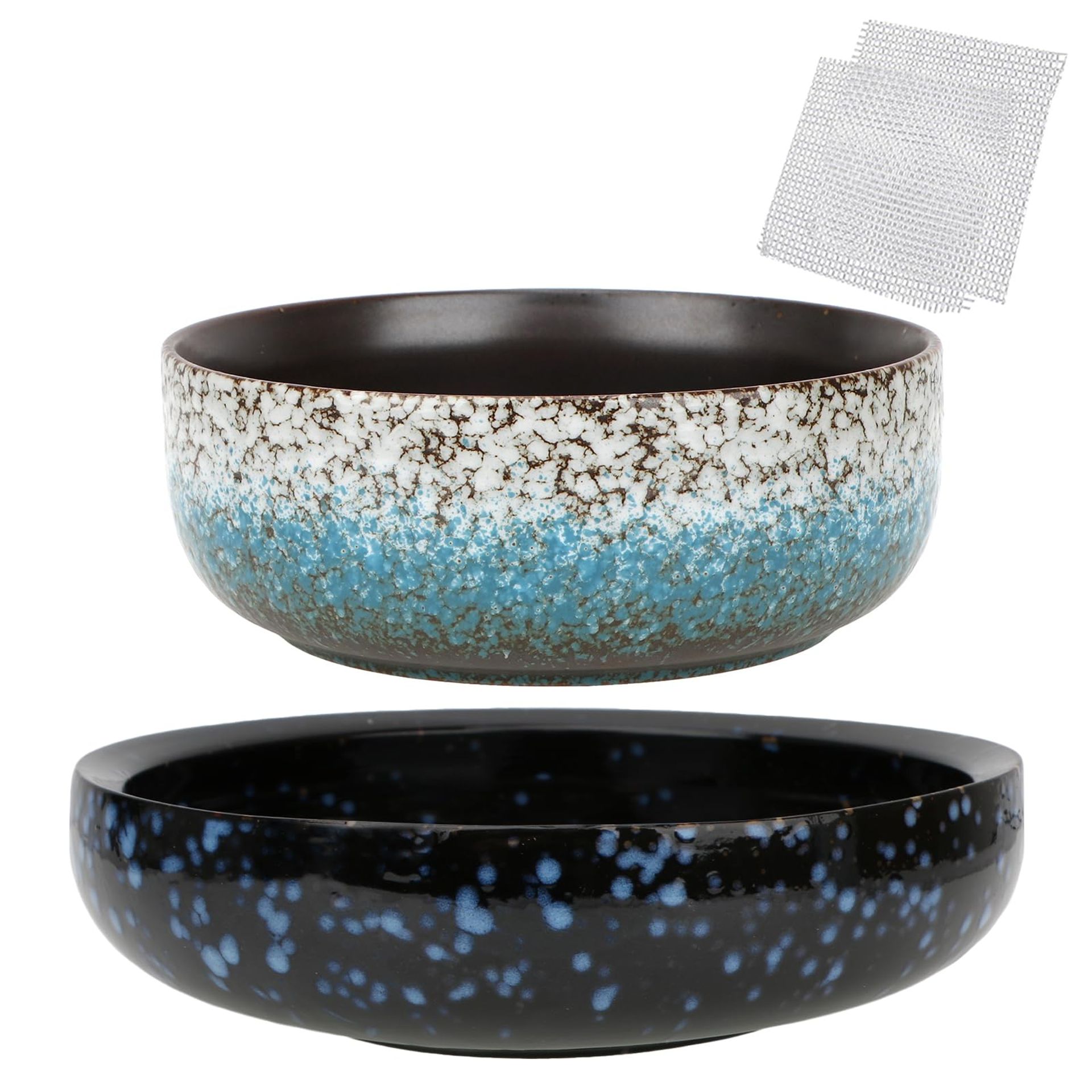 Glazed Ceramic Planter Set of 2 Modern Bonsai & Succulent Pots with Drainage Holes - Blue + Dark Blue 8.5" + 6.5"