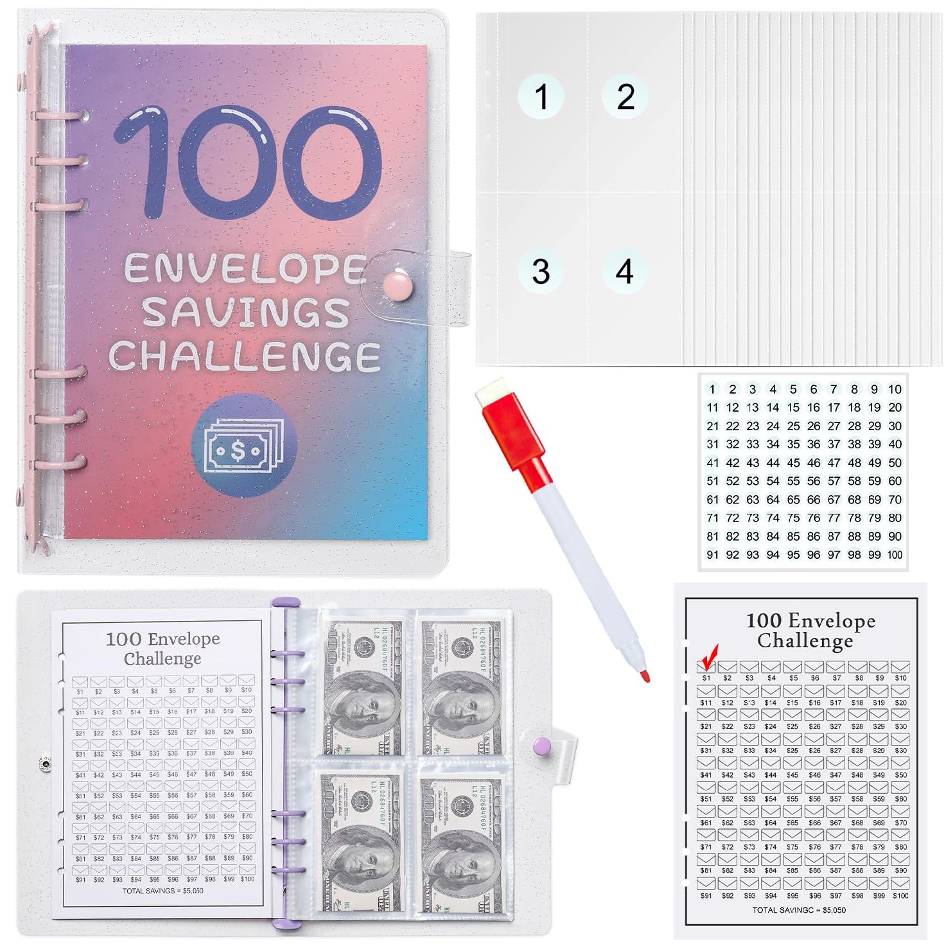 100-Day Pink Money Saving Challenge Binder with 100 Cash Envelopes - Save £5,050 Effortlessly!