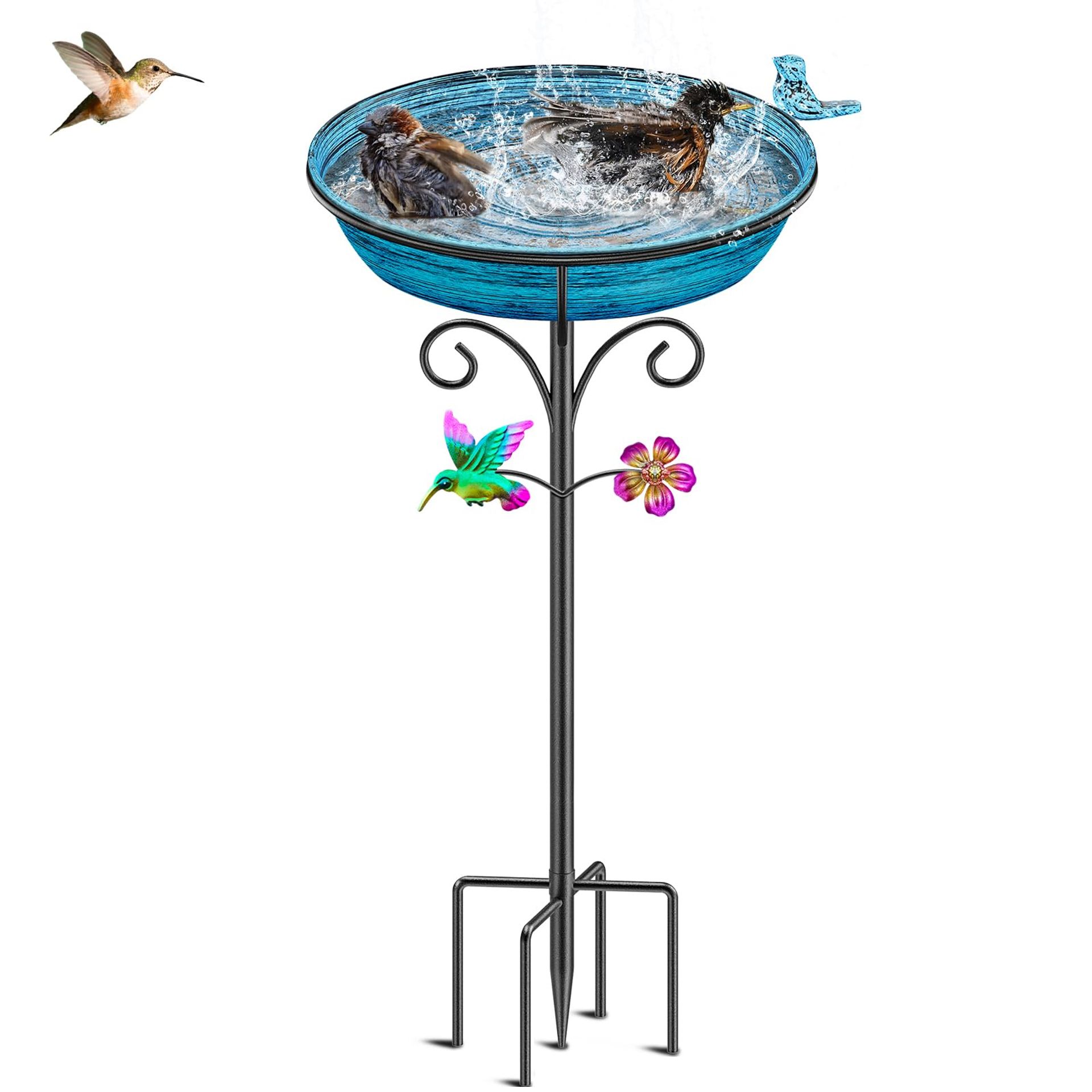 Metal Standing Bird Bath Outdoor Garden Feeder with 5 Ground Spikes and Hummingbird Flower Design - Altblau