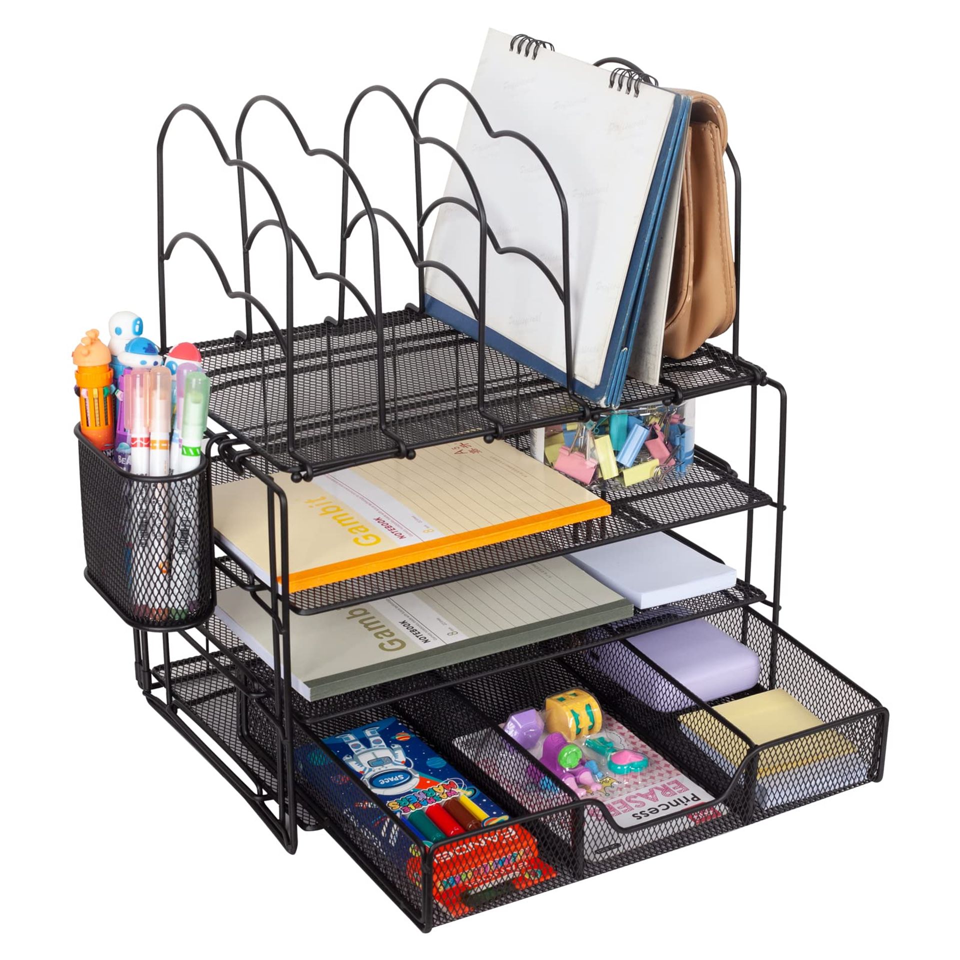 All-in-One Desk Organiser with File Trays, Drawer & Pen Holder - Black Steel Office Accessory for Home, School & Workspace