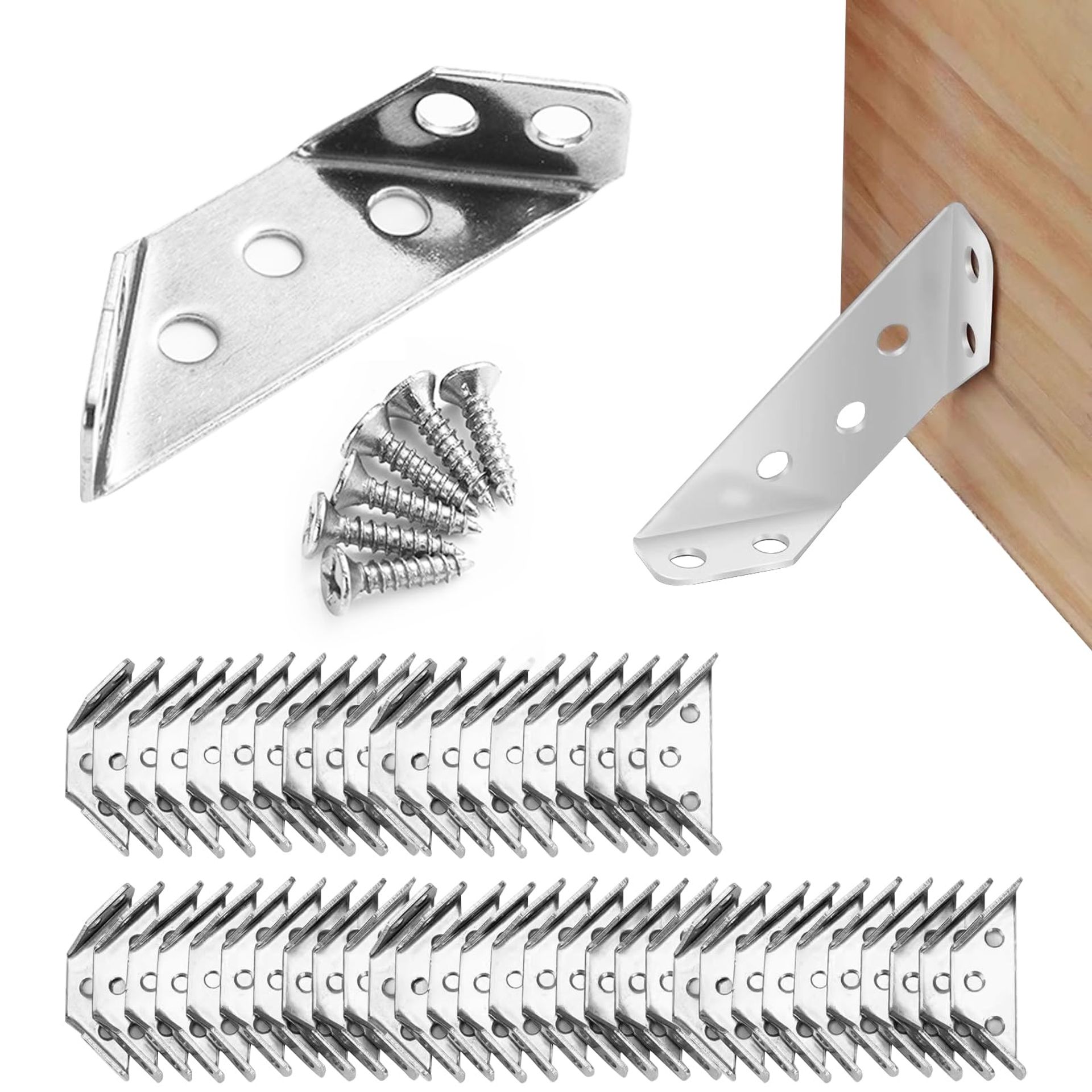 50 Pcs Stainless Steel Corner Brackets with Screws for Wood Furniture, Triangle Angle Supports for Shelves, Cabinets & Desks