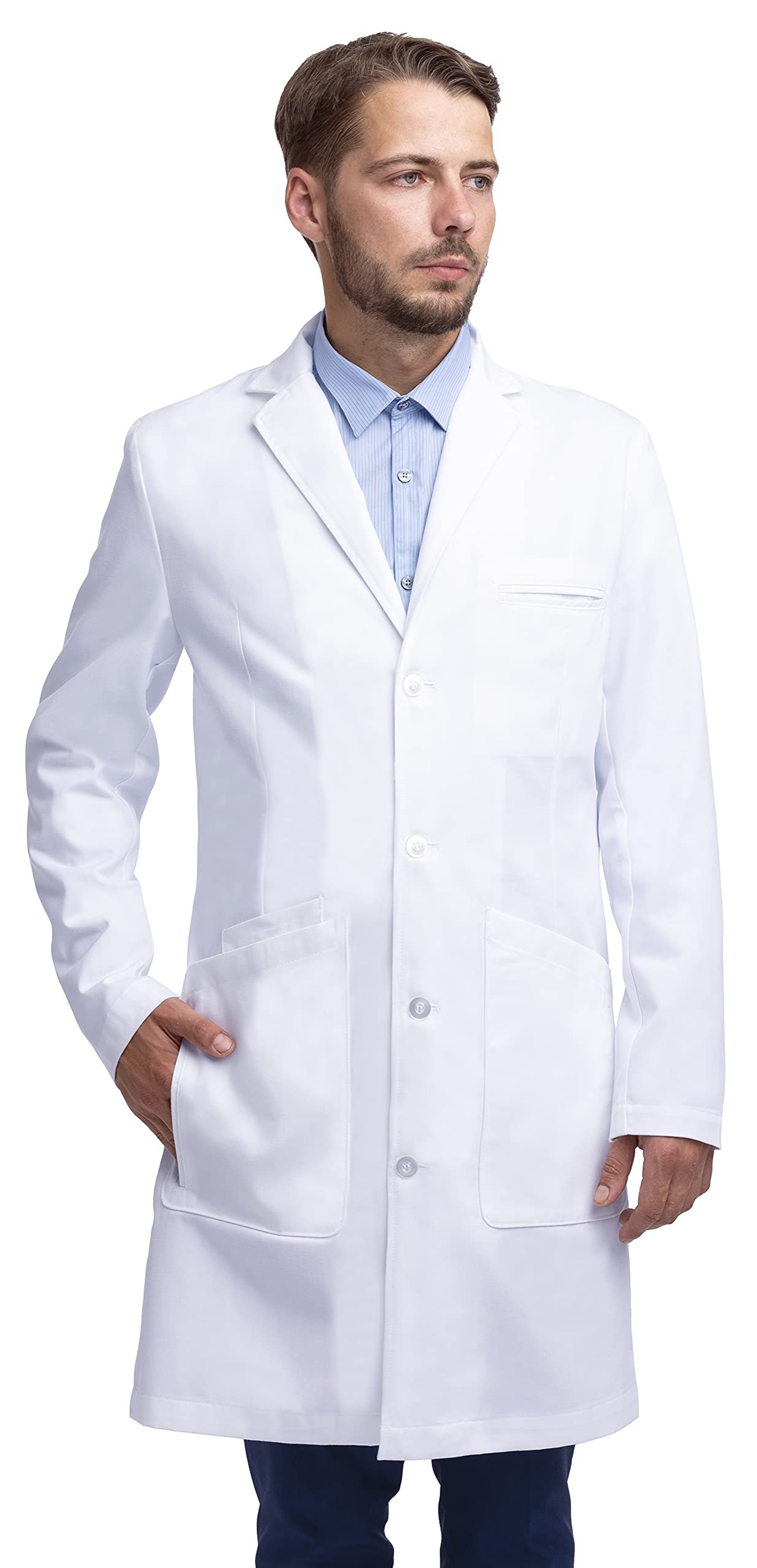Unisex Lab Coat Tailored Fit Multiple Pockets Button Closing 39-inch Length - White XL