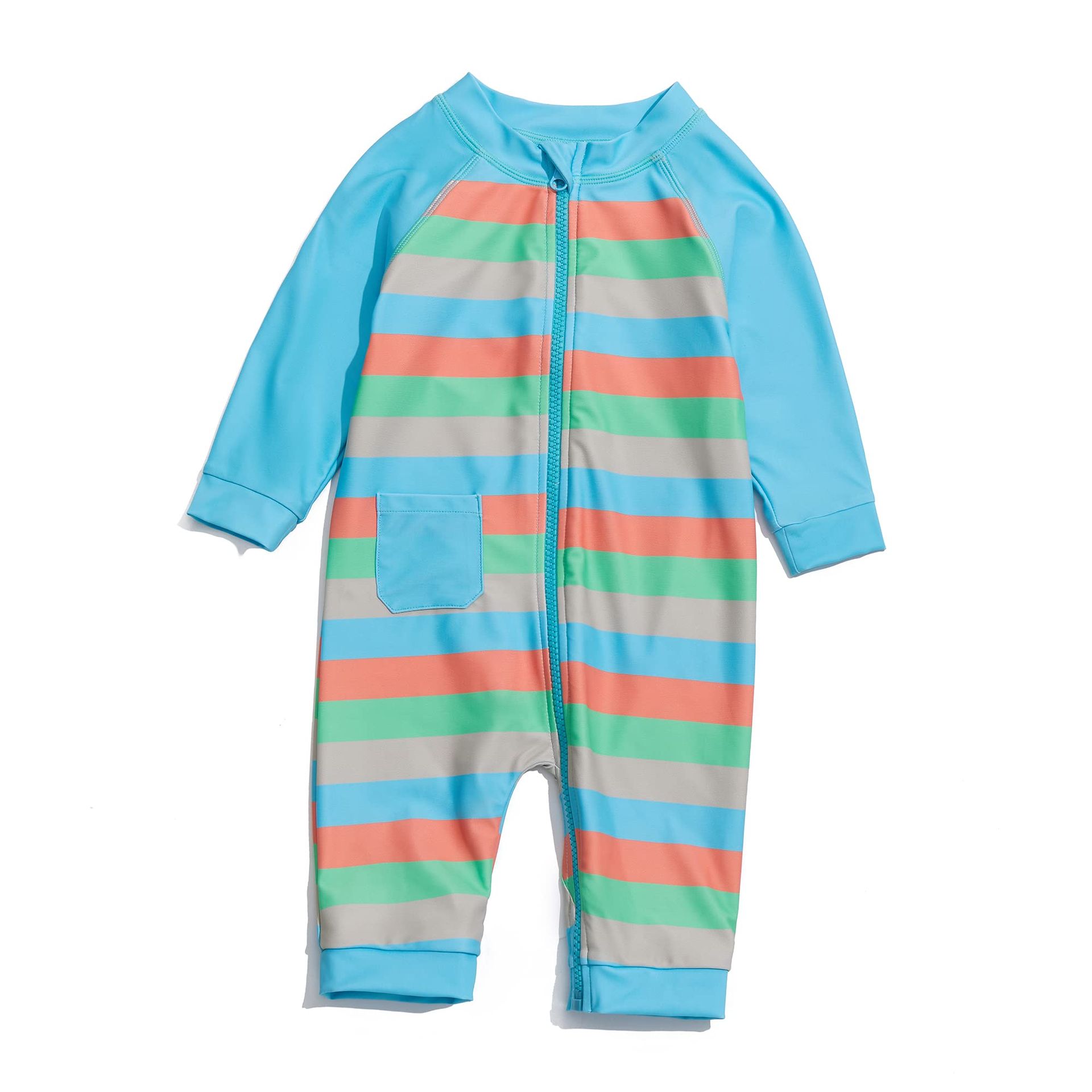 Baby Sunsuit Swimsuit UPF 50+ with Full Zip & Sun Cap – Multi-Stripe 9-12 Months