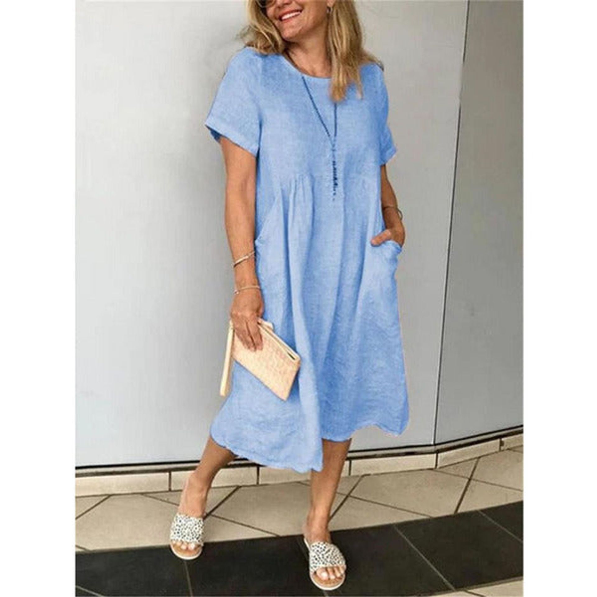 UTUKKY Women'S Summer Dresses Casual Round Neck Short Sleeve Linen Dress